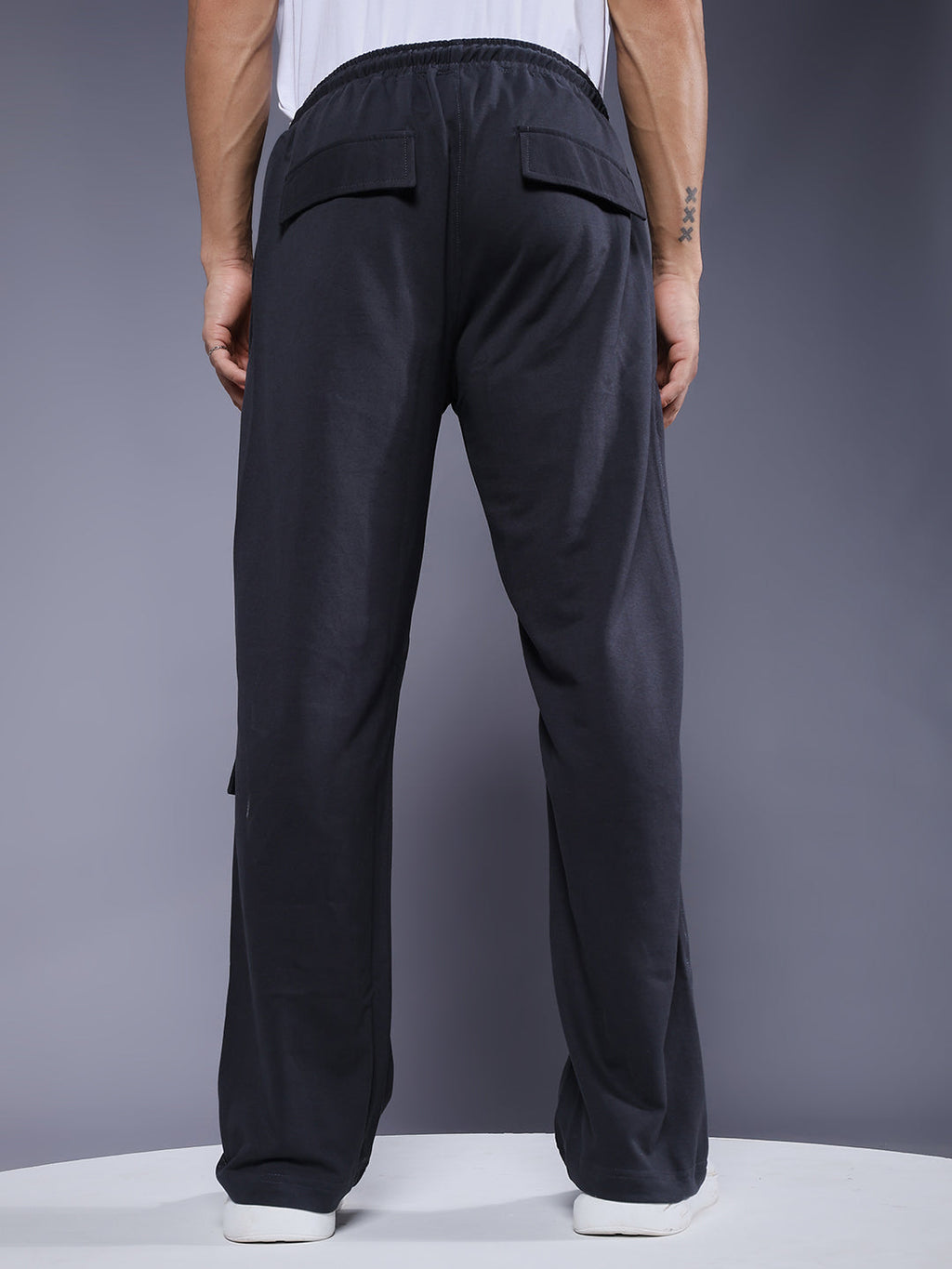 Men Premium Terry Cargo Pants with Side Stripes - Dark Grey