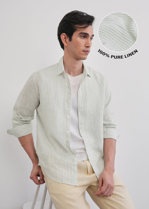 100% Linen Green Self-Stripe Shirt