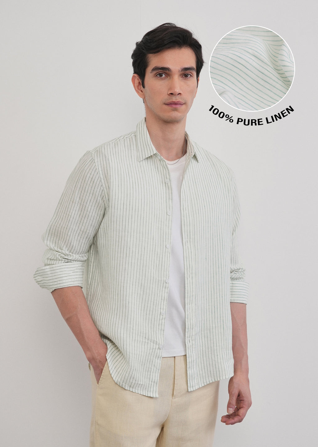 100% Linen Green Self-Stripe Shirt