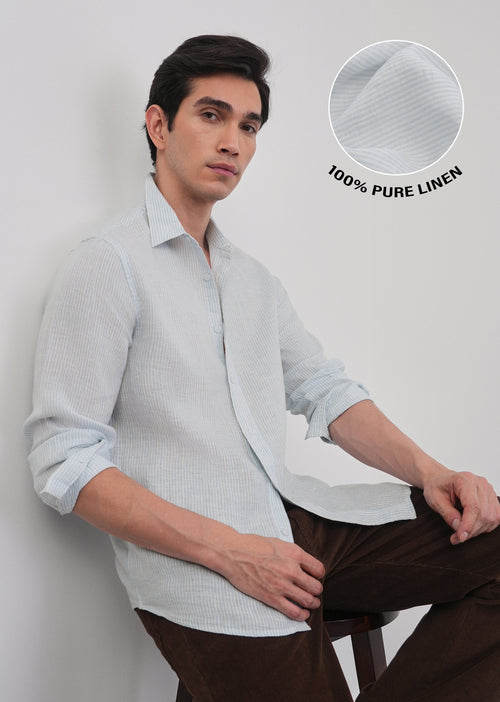 100% Linen Light Blue Self-Stripe Shirt