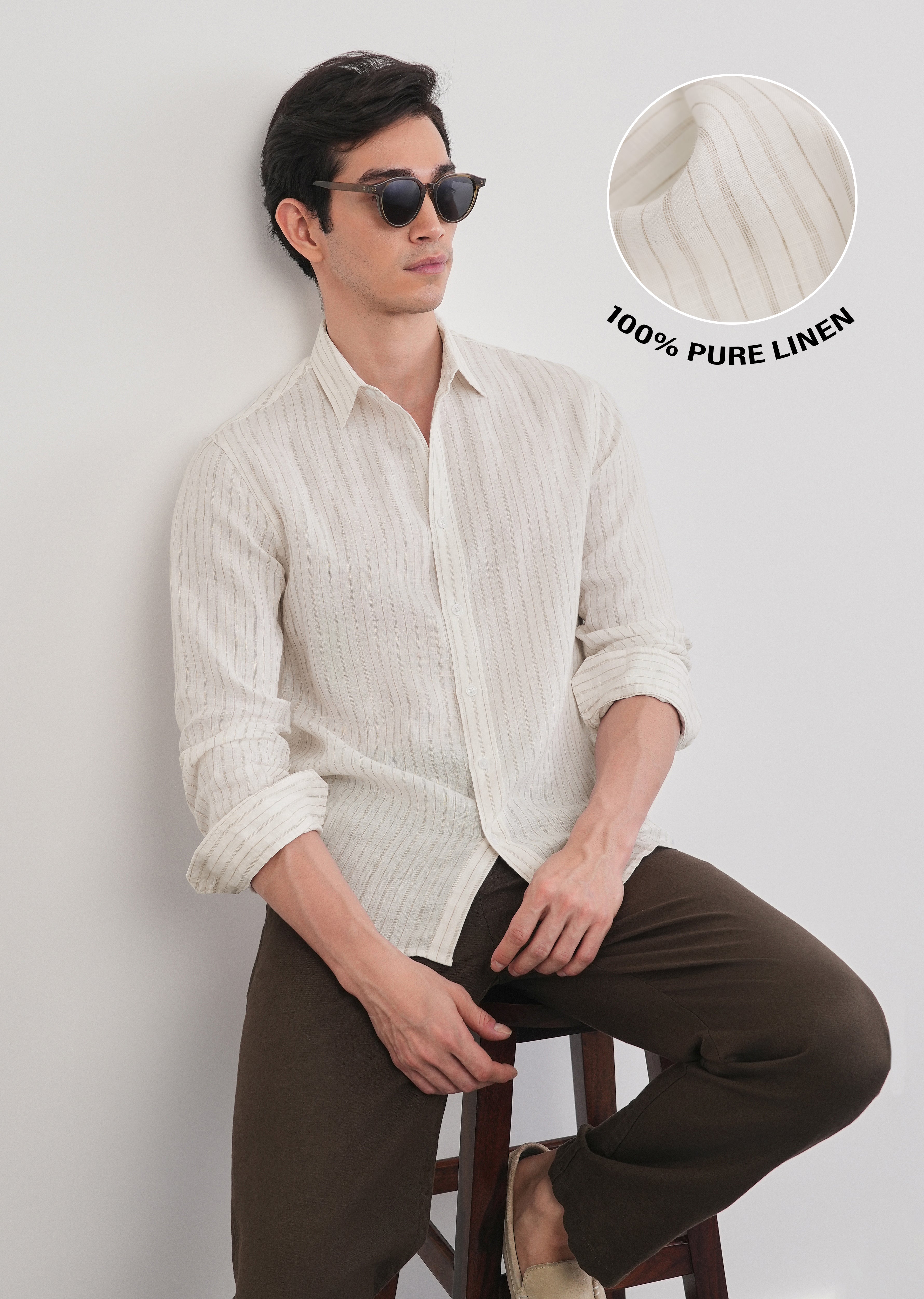 100% Linen Off-White Dual Stripe Shirt