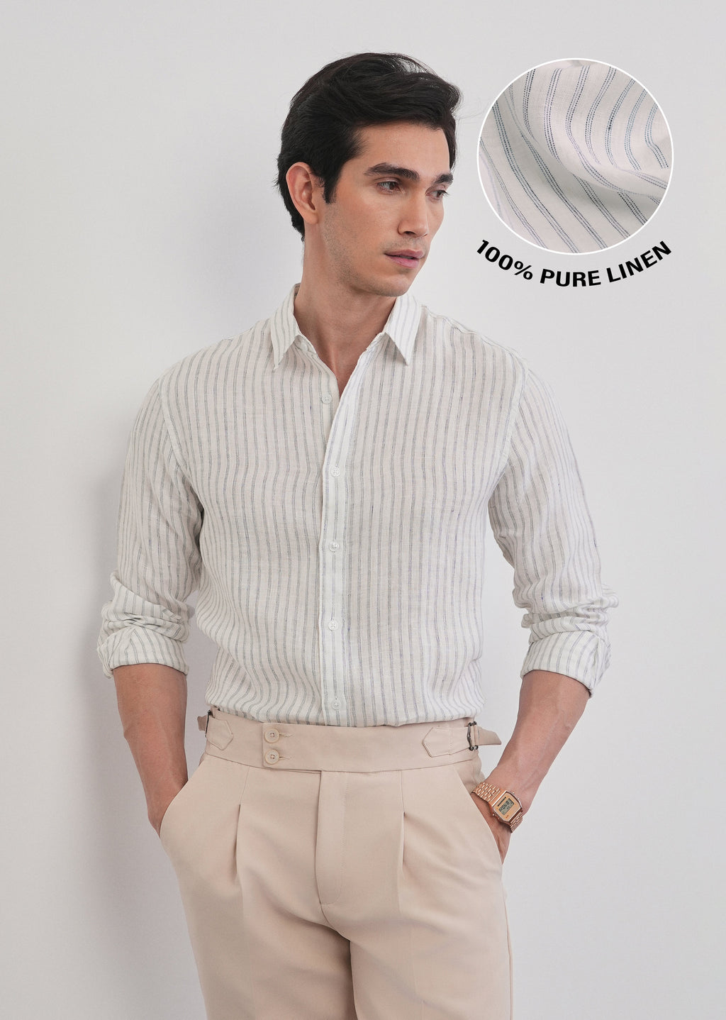 100% Linen Off-White Self-Stripe Shirt