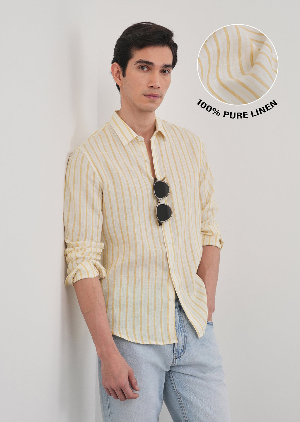 100% Linen Yellow Self-Stripe Shirt