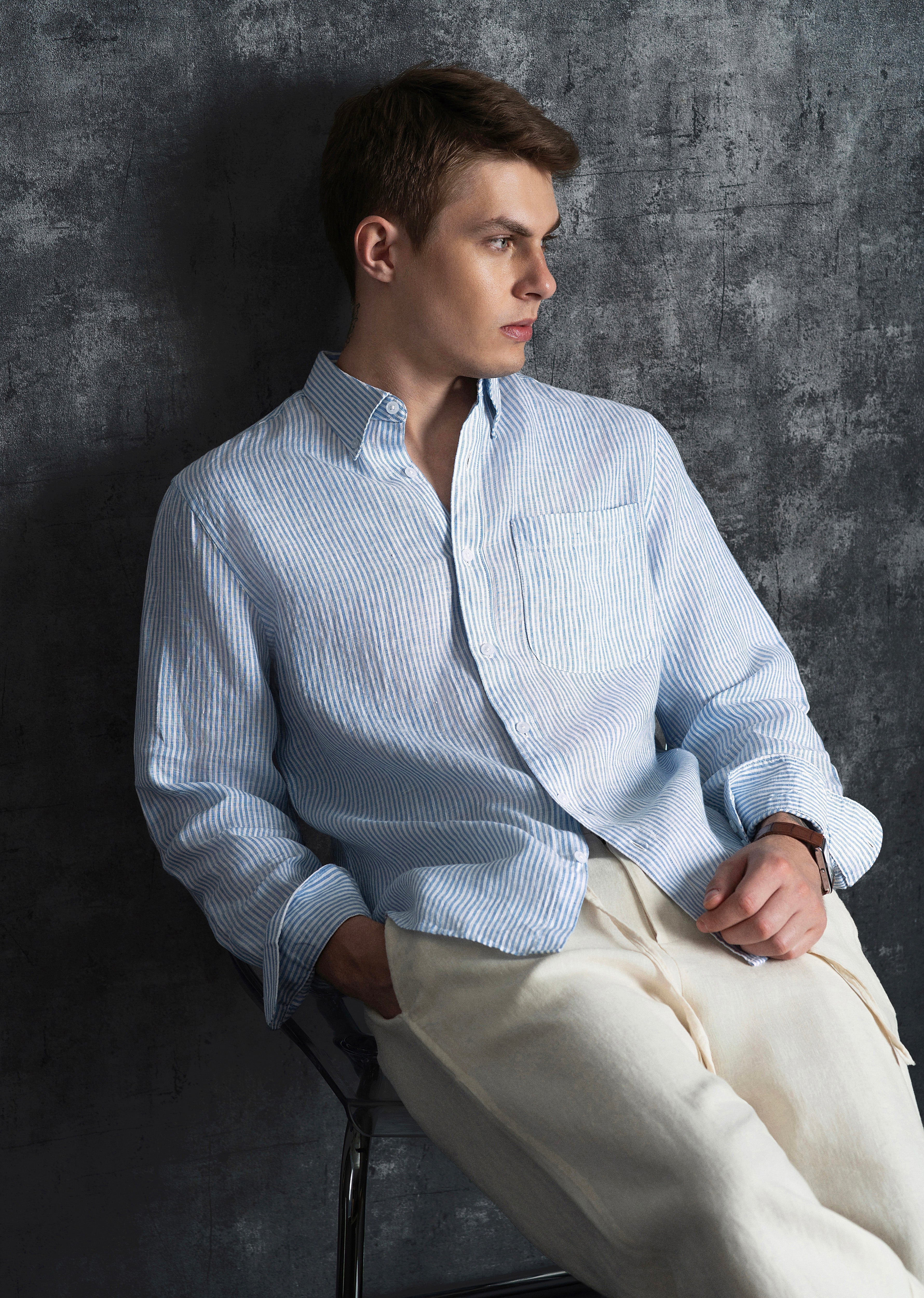 Blue 100% Pure Linen Stripe Shirt