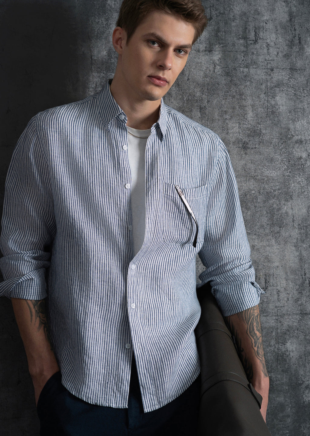Navy Blue 100% Pure Linen Stripe Shirt
