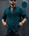 Teal Blue Waffle Structure Regular Fit Full Sleeves Shirt