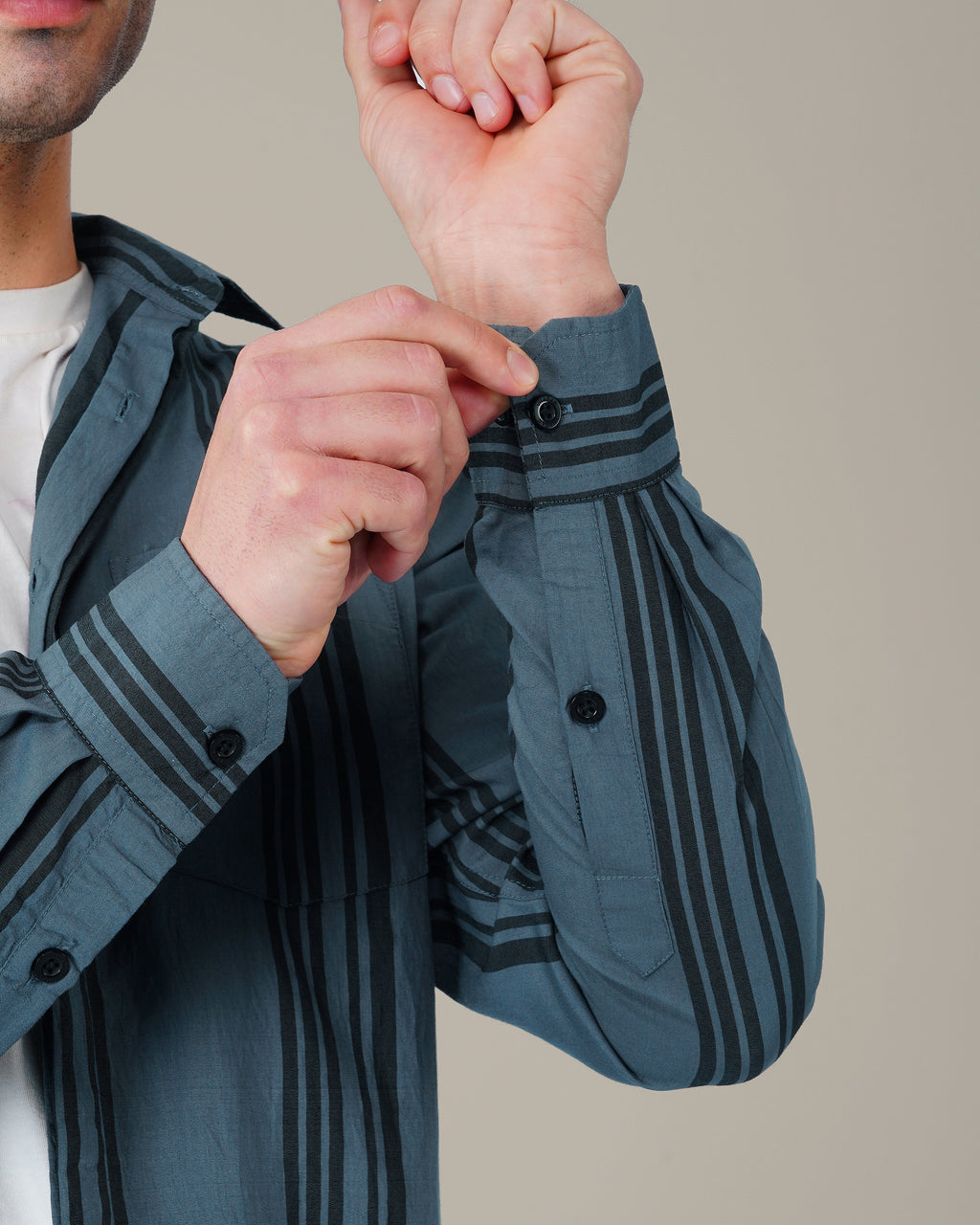 Slate Blue Vertical Striped Viscose-Nylon Blend Button-Up Shirt