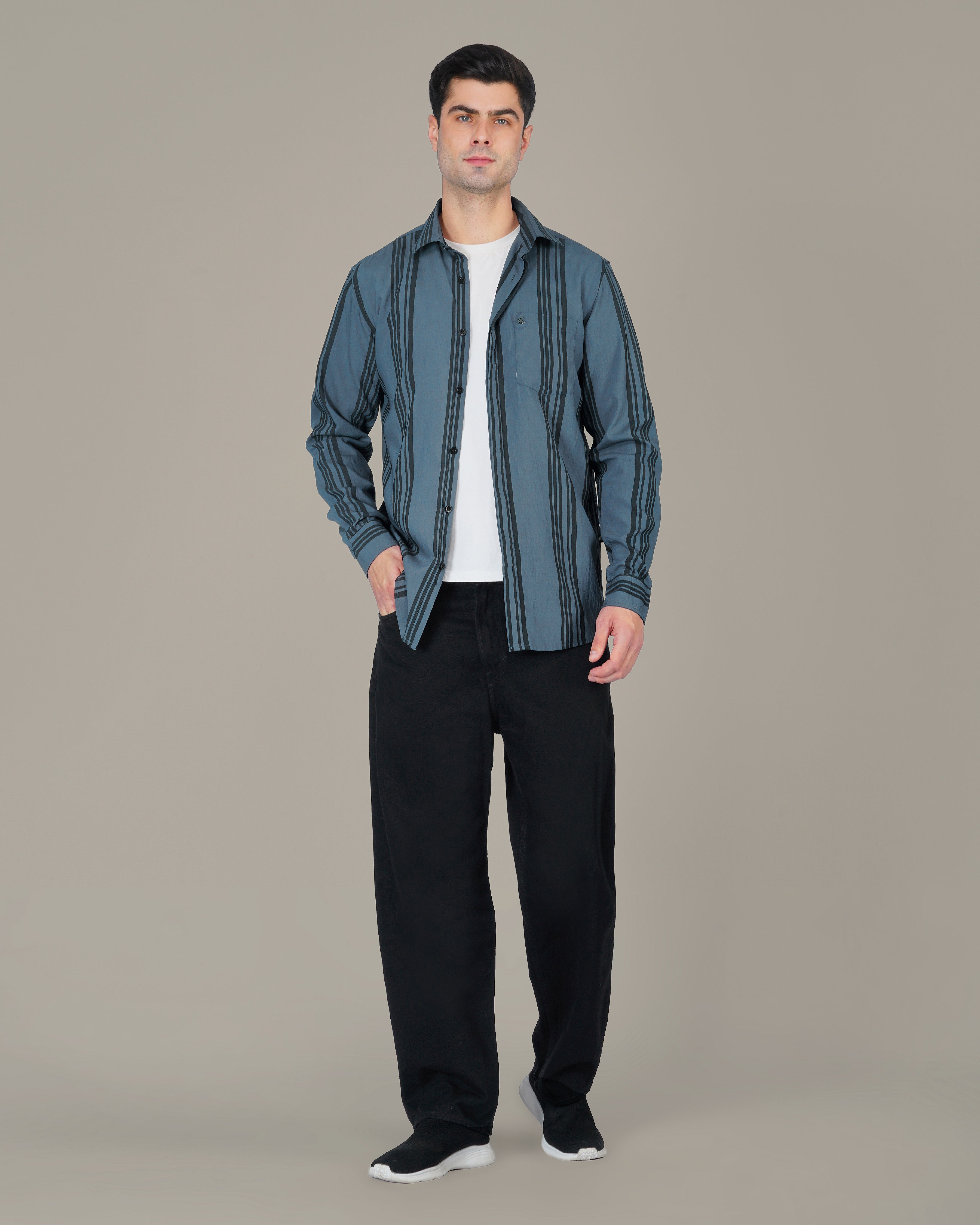 Slate Blue Vertical Striped Viscose-Nylon Blend Button-Up Shirt