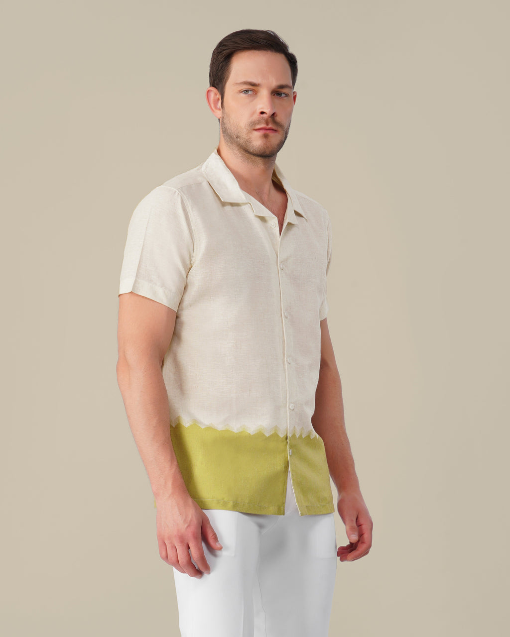 Off-White Solid Gradient Linen Blend Short Sleeve Shirt