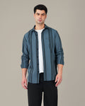 Slate Blue Vertical Striped Viscose-Nylon Blend Button-Up Shirt