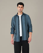 Slate Blue Vertical Striped Viscose-Nylon Blend Button-Up Shirt
