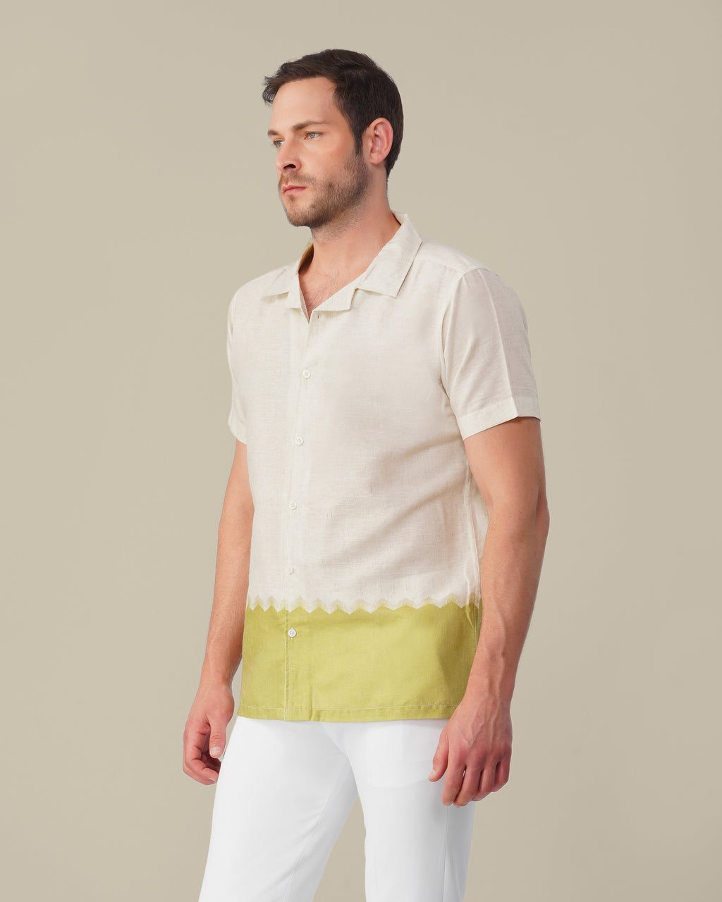 Off-White Solid Gradient Linen Blend Short Sleeve Shirt