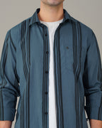 Slate Blue Vertical Striped Viscose-Nylon Blend Button-Up Shirt