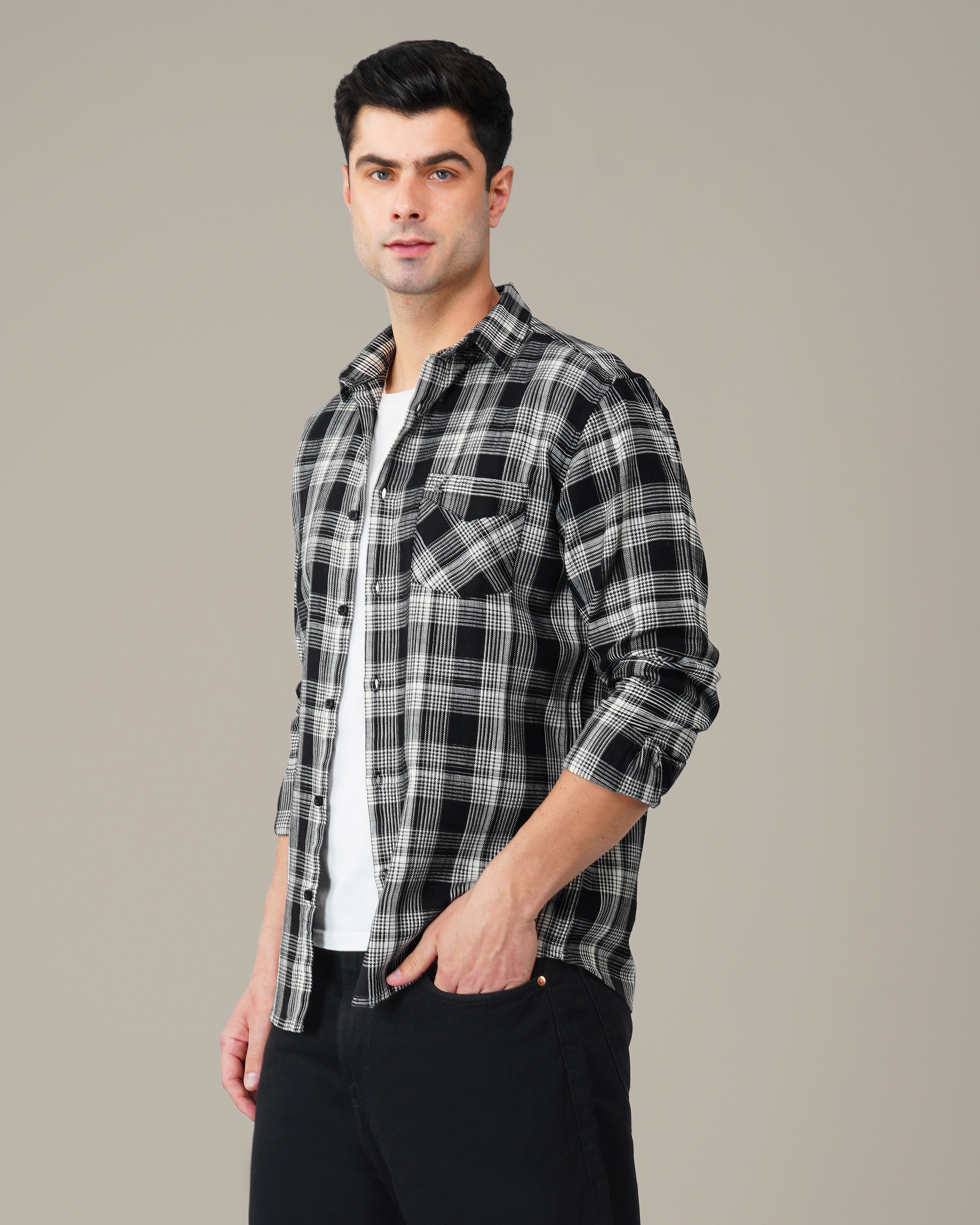 Black and White Geometric Dobby Woven Cotton Shirt