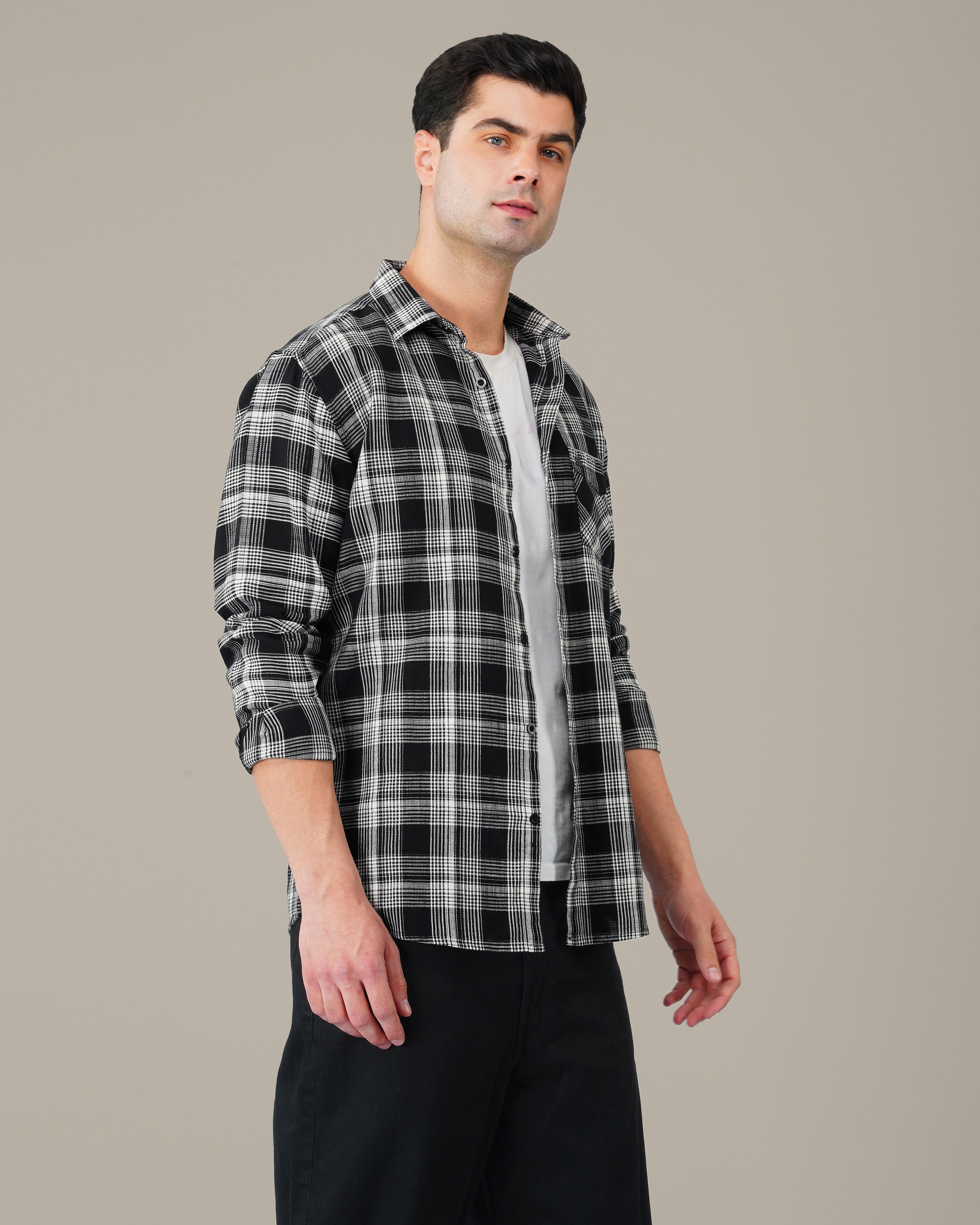 Black and White Geometric Dobby Woven Cotton Shirt