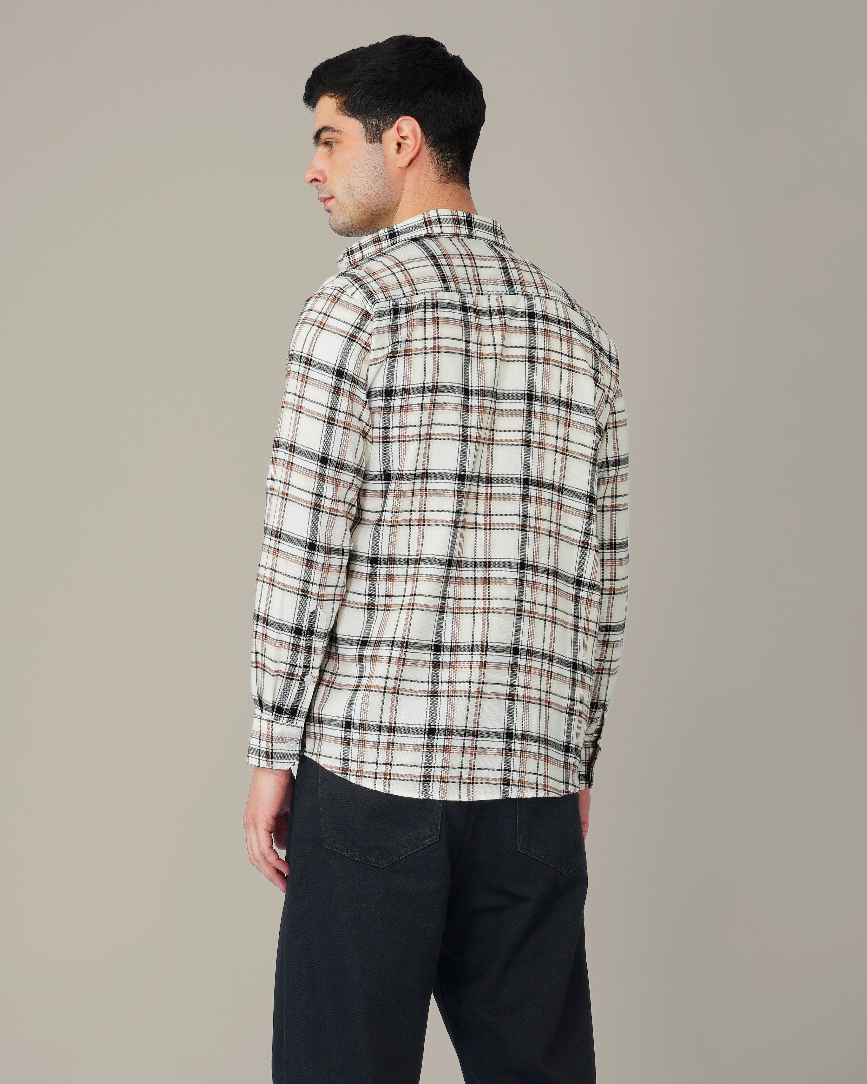 Beige and Black Plaid 100% Cotton Poplin Shirt