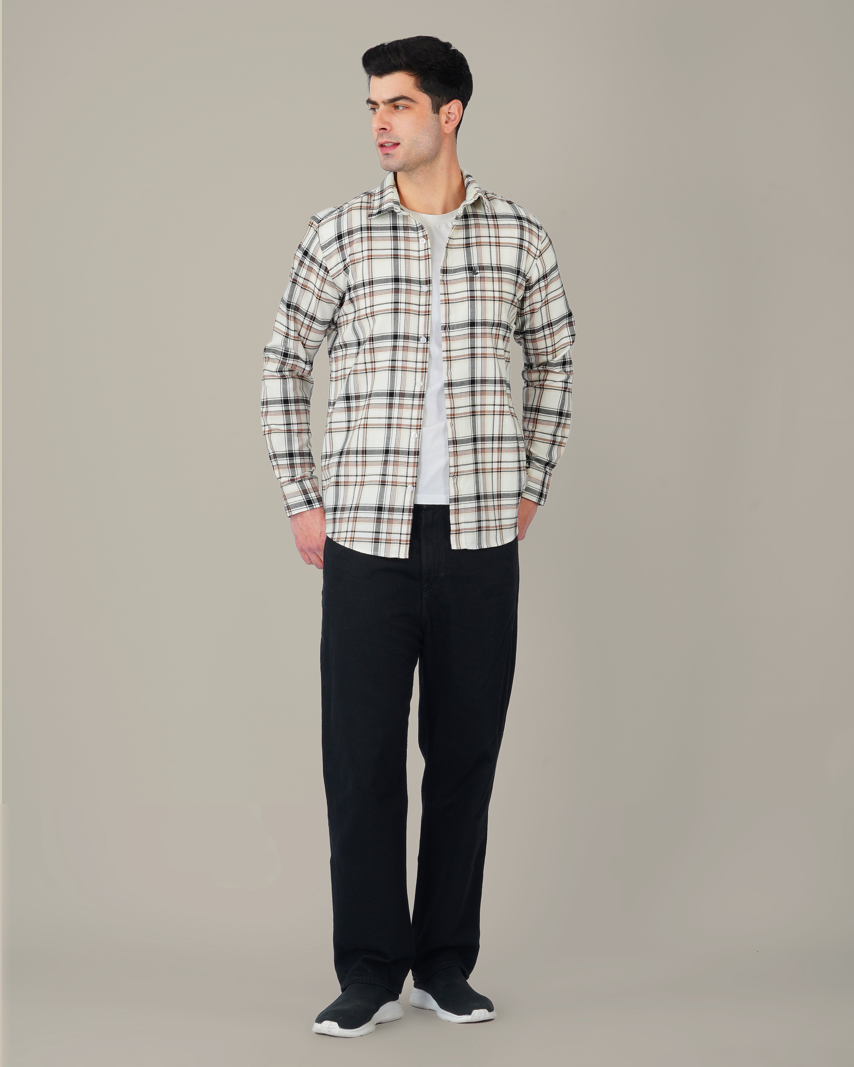 Beige and Black Plaid 100% Cotton Poplin Shirt