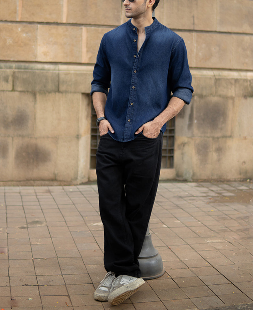 Mandarin Collar Denim Shirt
