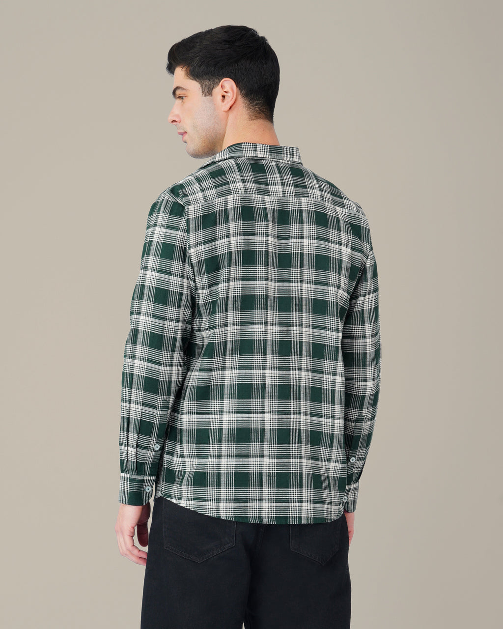 Dark Green and White Plaid 100% Cotton Dobby Weave Shirt