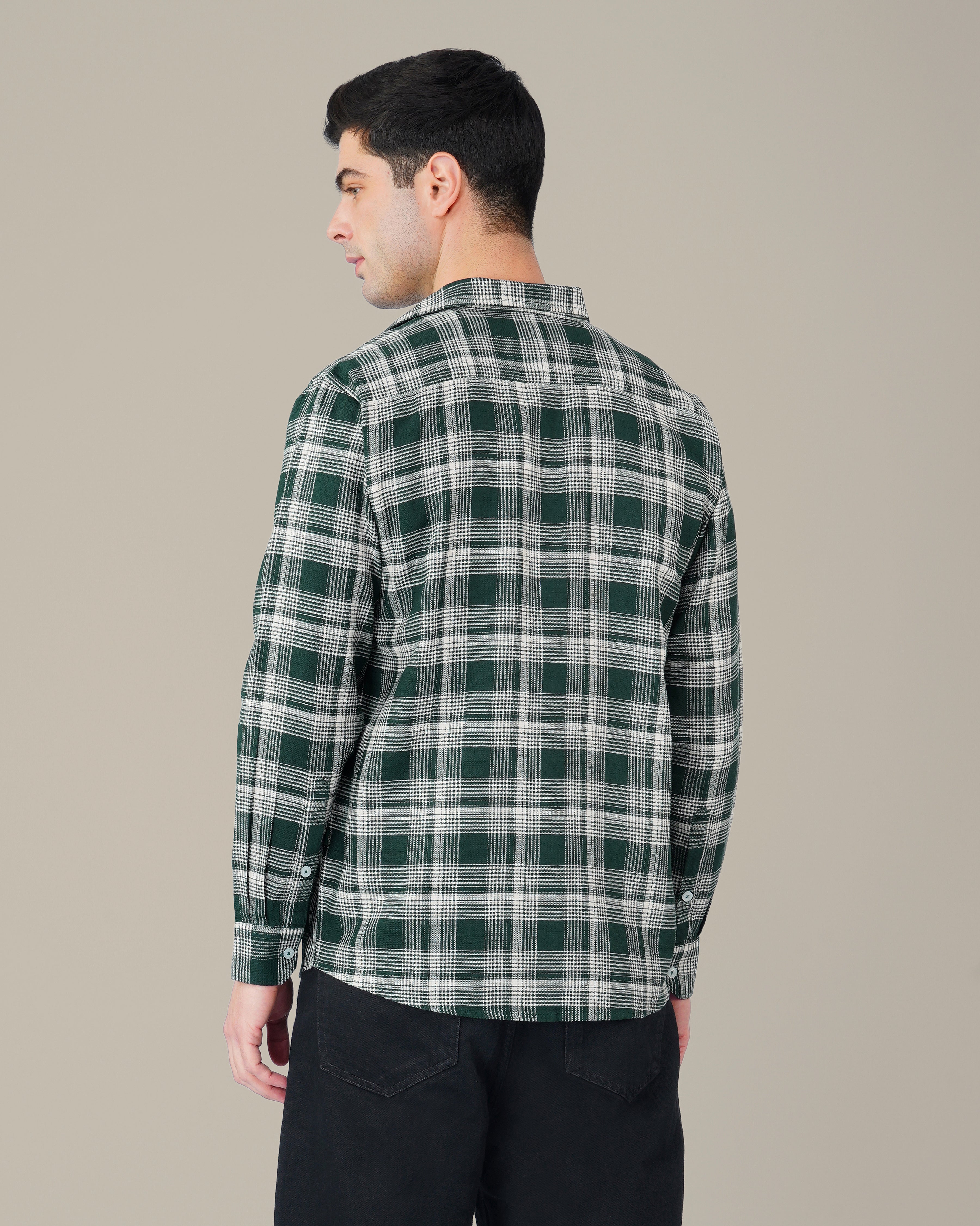 Dark Green and White Plaid 100% Cotton Dobby Weave Shirt