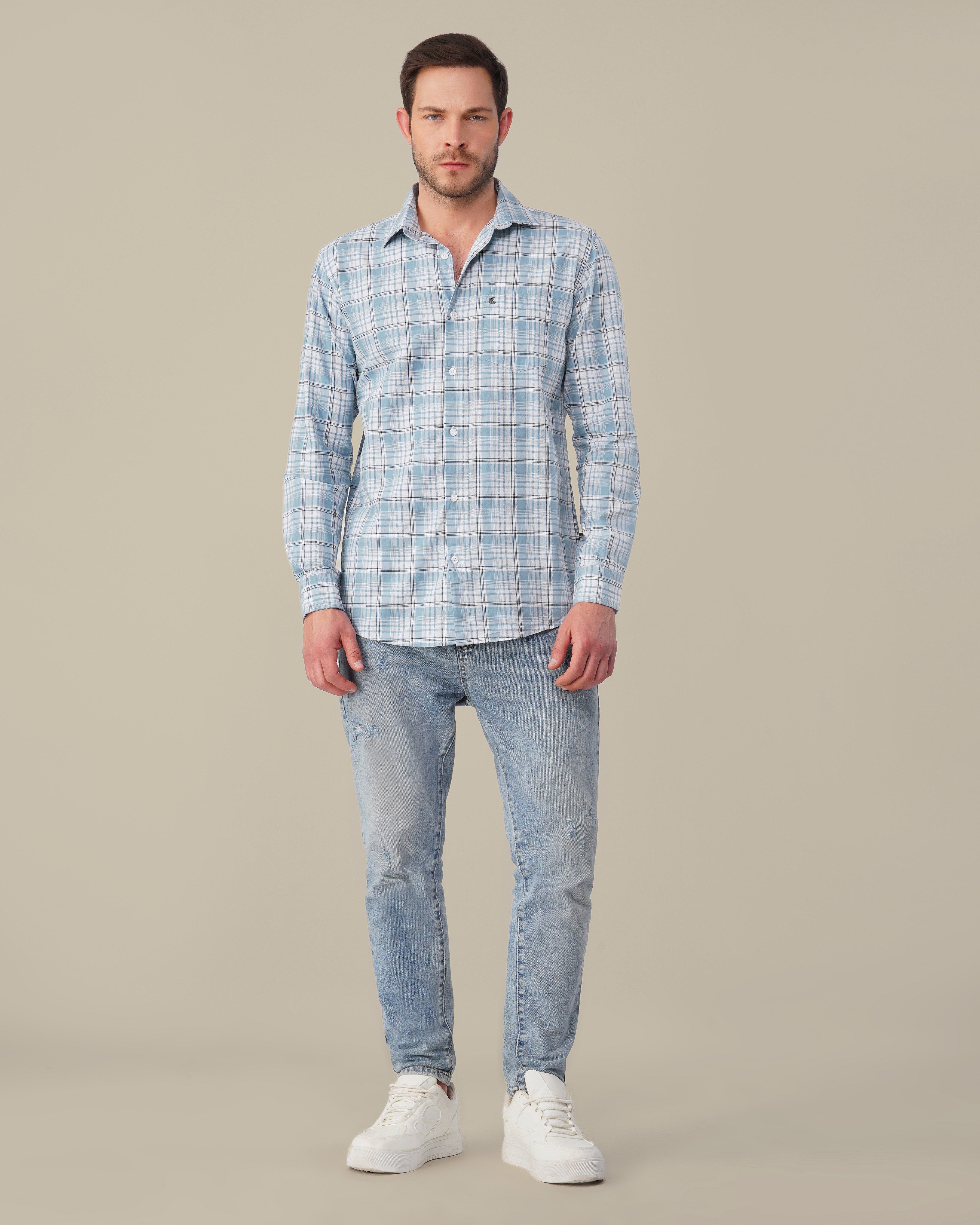 Light Blue Plaid 100% Cotton Slub Shirt