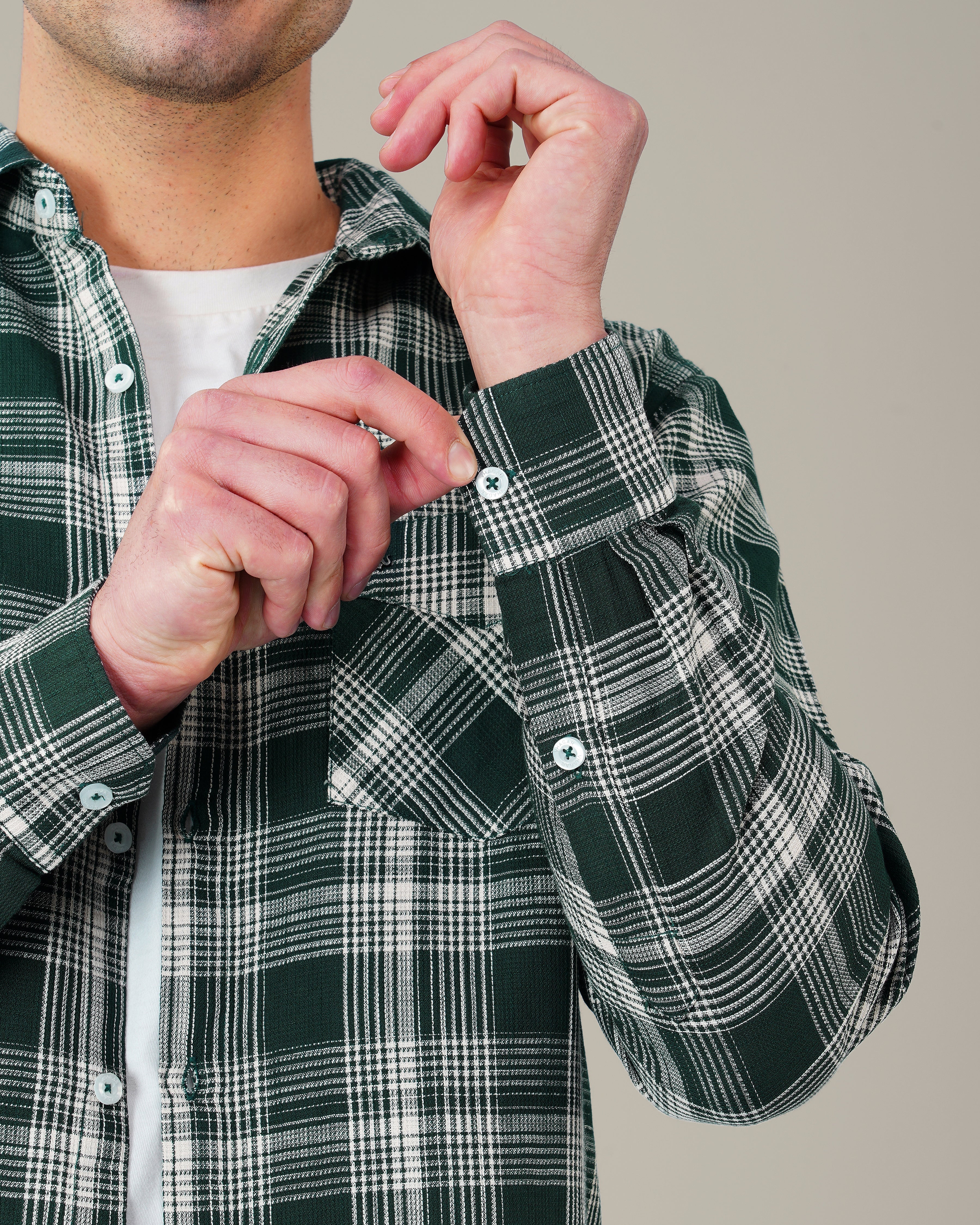 Dark Green and White Plaid 100% Cotton Dobby Weave Shirt