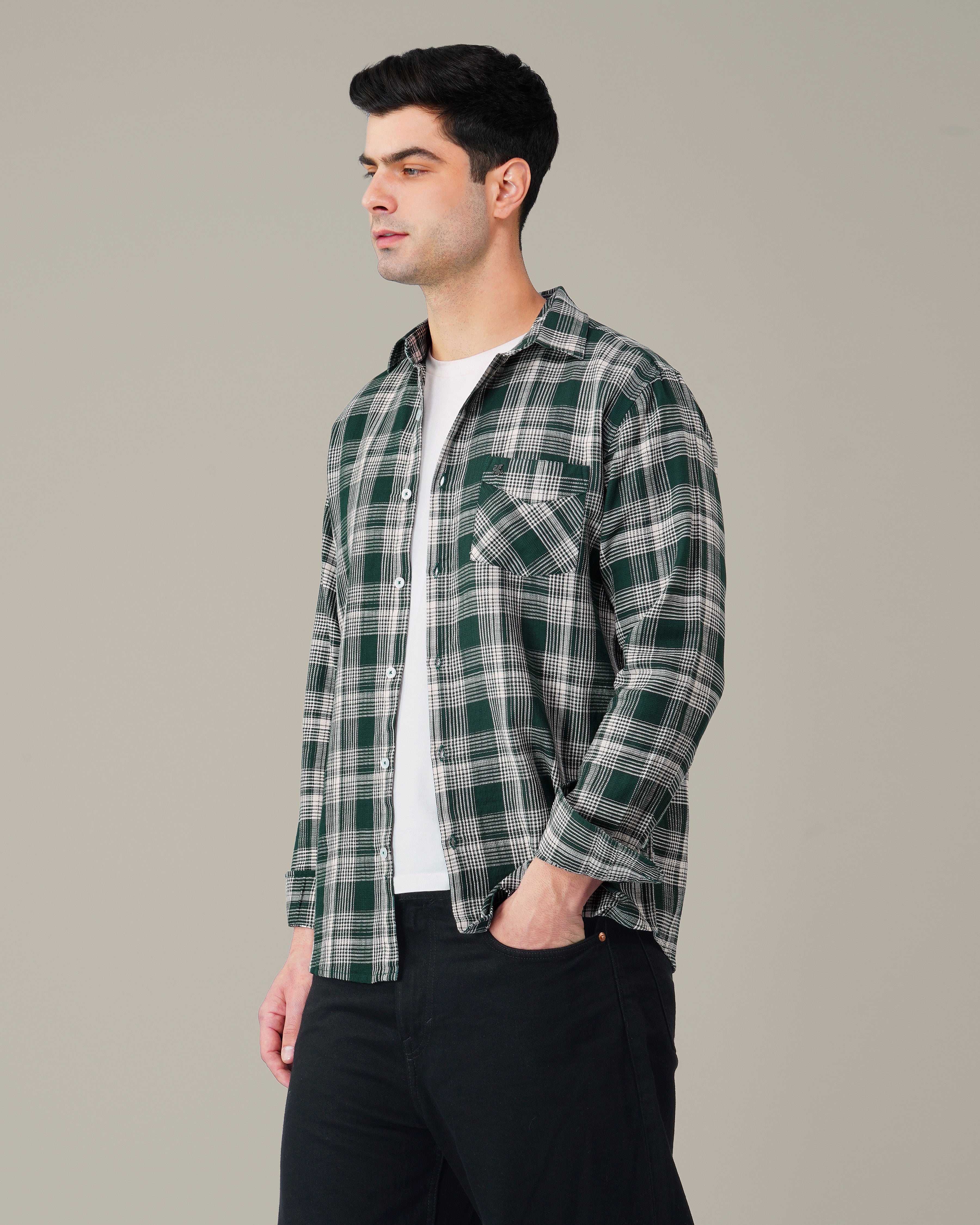 Dark Green and White Plaid 100% Cotton Dobby Weave Shirt