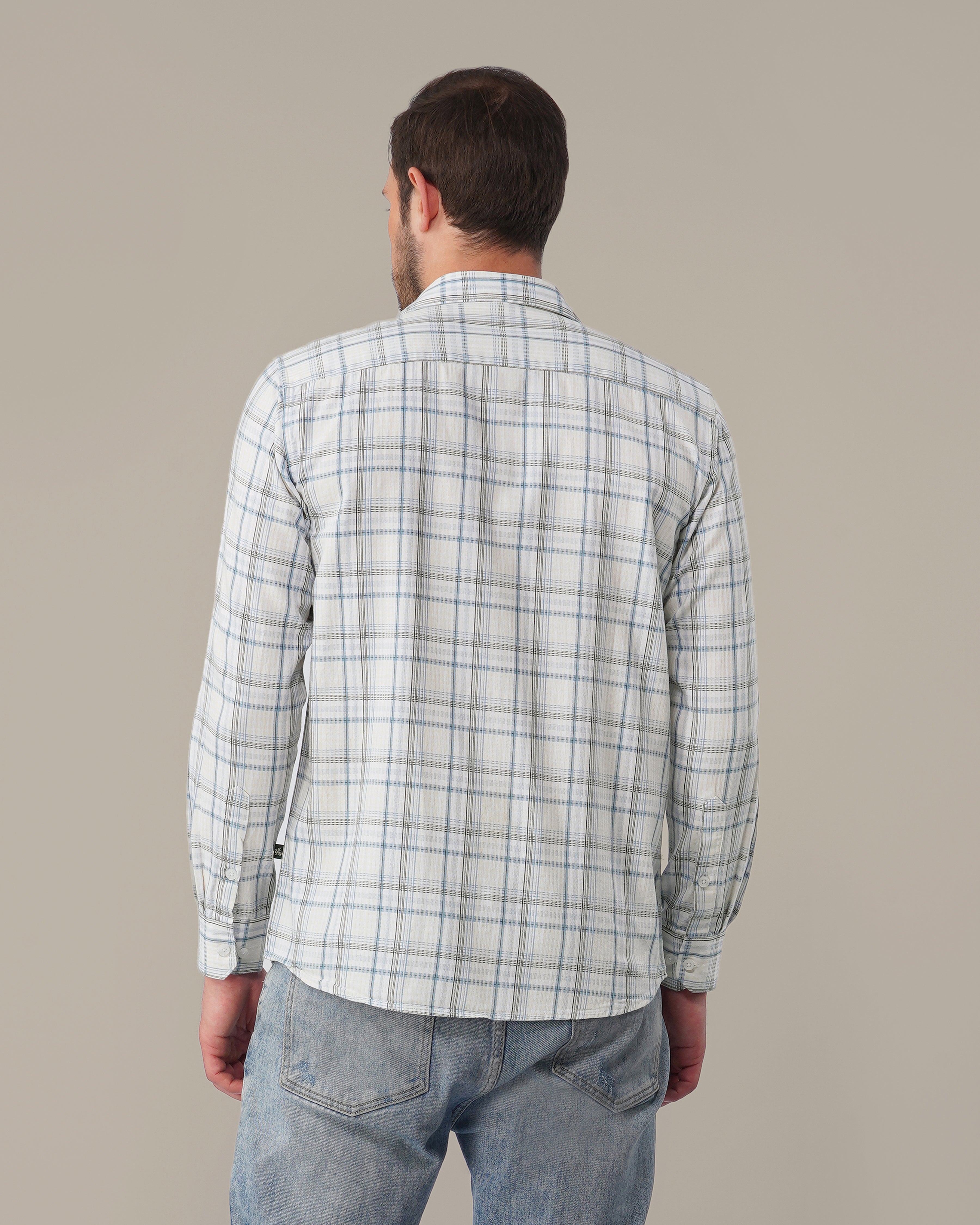 White and Light Blue Plaid 100% Cotton Slub Shirt