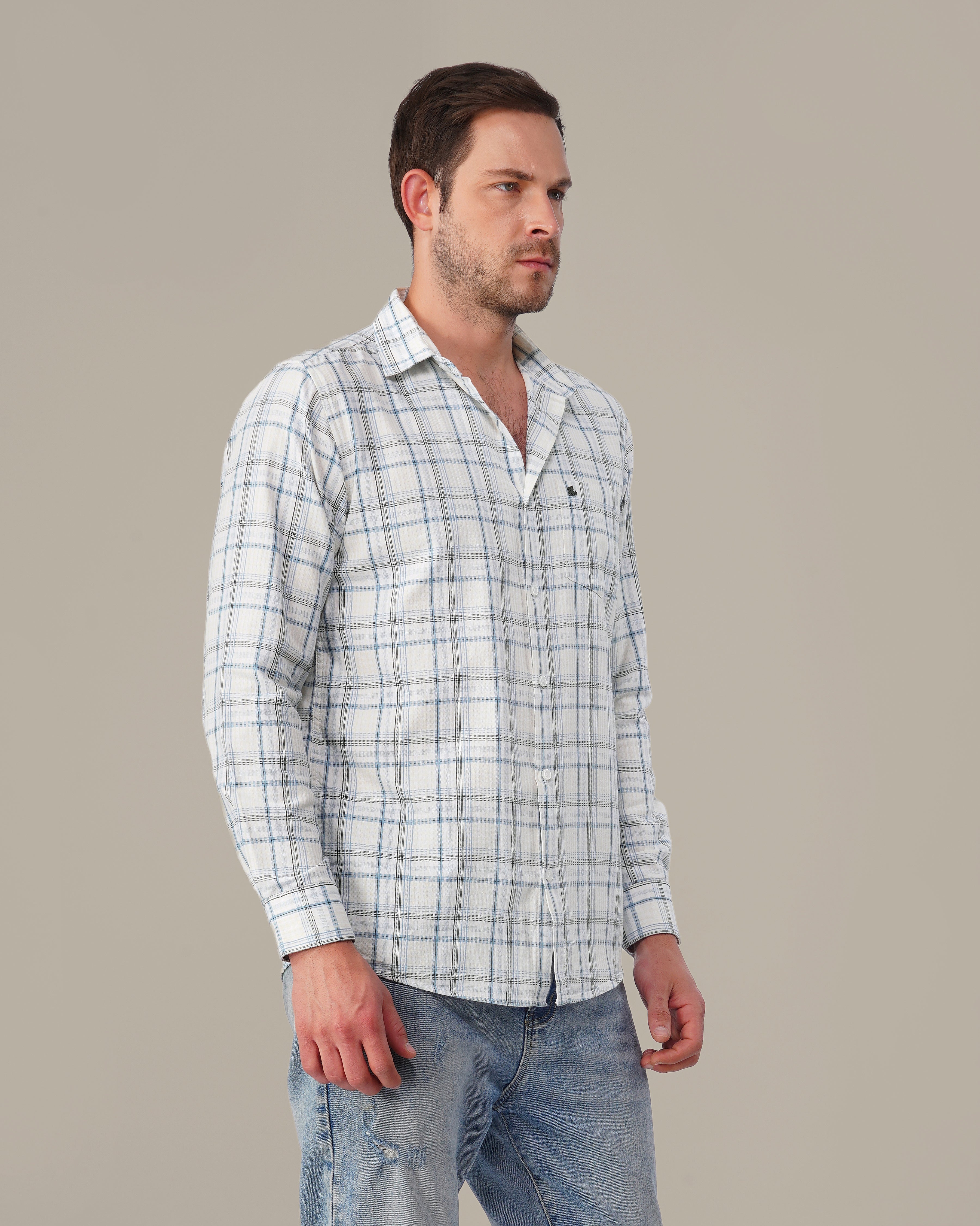 White and Light Blue Plaid 100% Cotton Slub Shirt