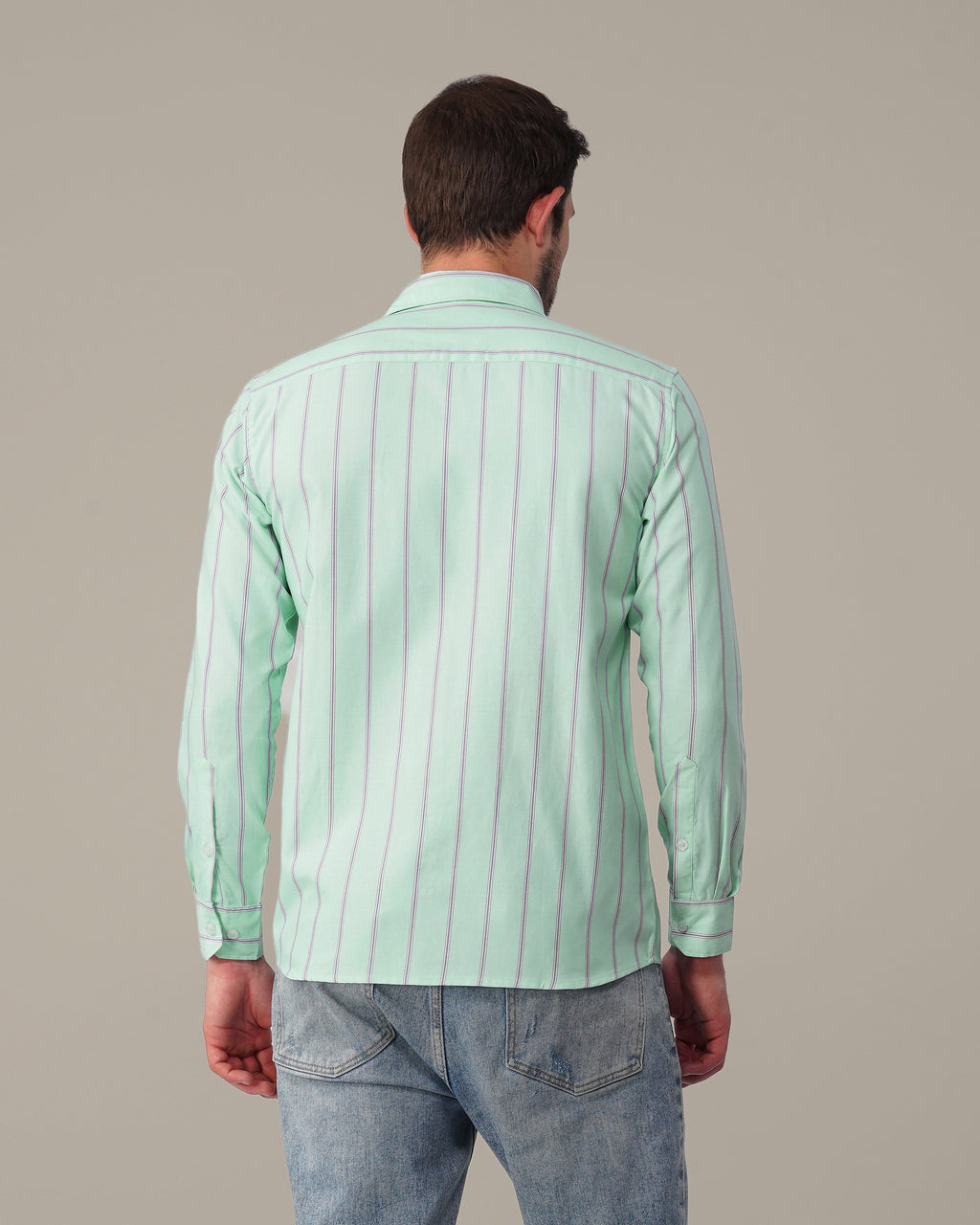 Mint Green Striped Cotton-Poly Blend Button-Up Shirt