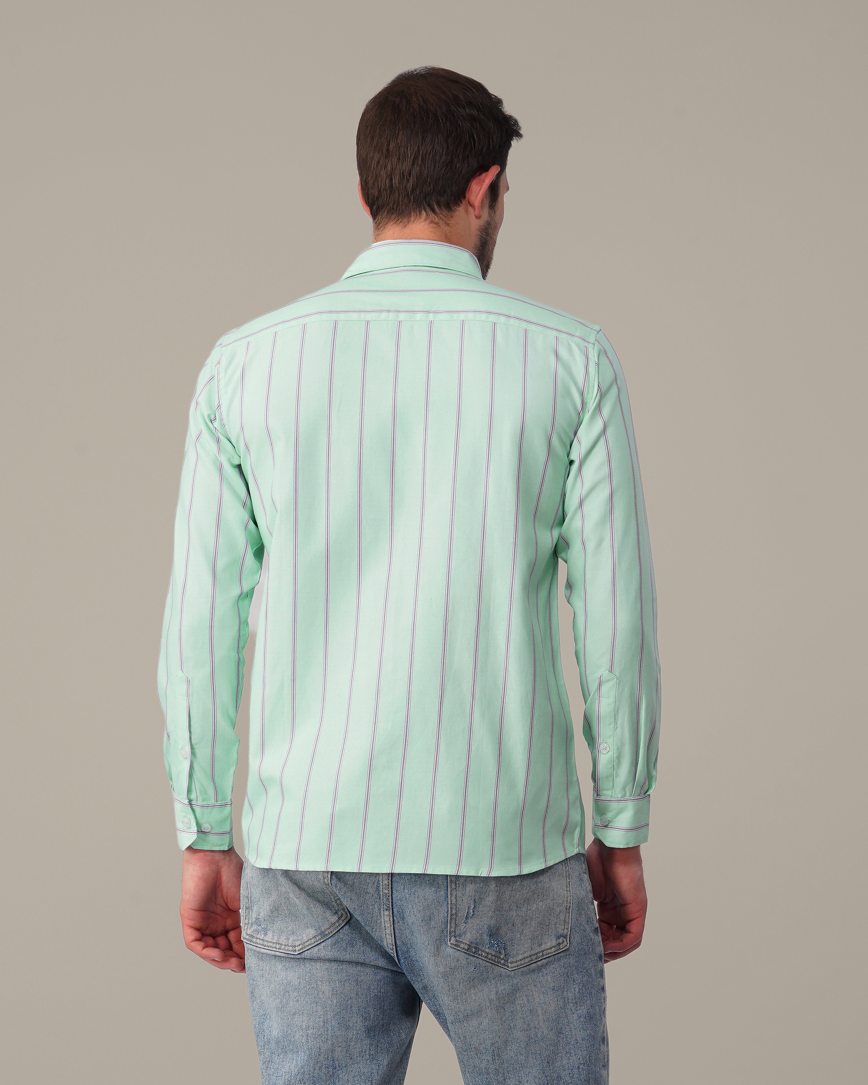 Mint Green Striped Cotton-Poly Blend Button-Up Shirt