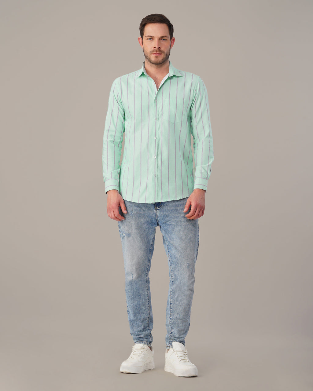 Mint Green Striped Cotton-Poly Blend Button-Up Shirt