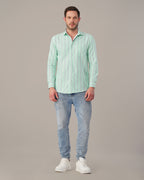 Mint Green Striped Cotton-Poly Blend Button-Up Shirt