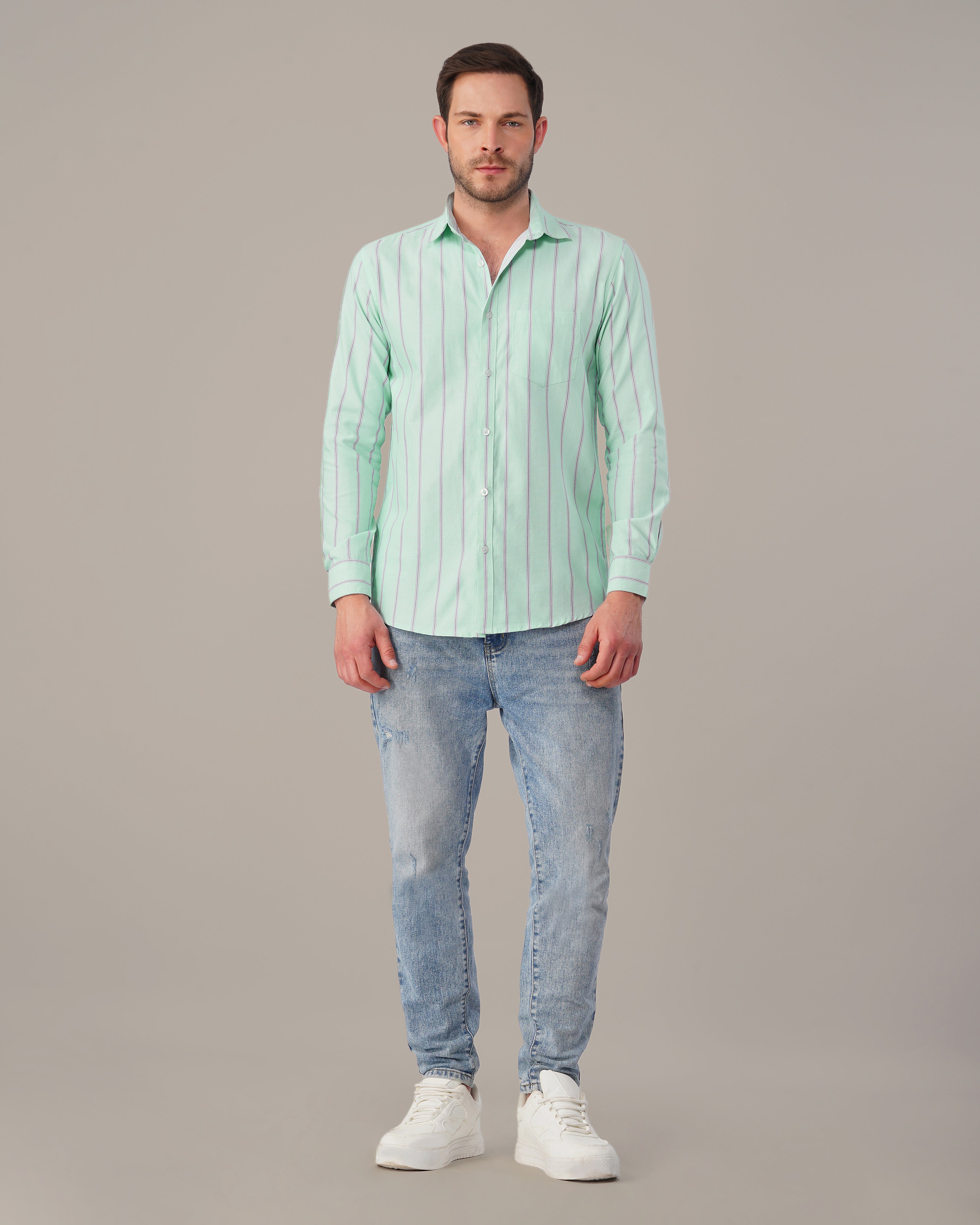 Mint Green Striped Cotton-Poly Blend Button-Up Shirt