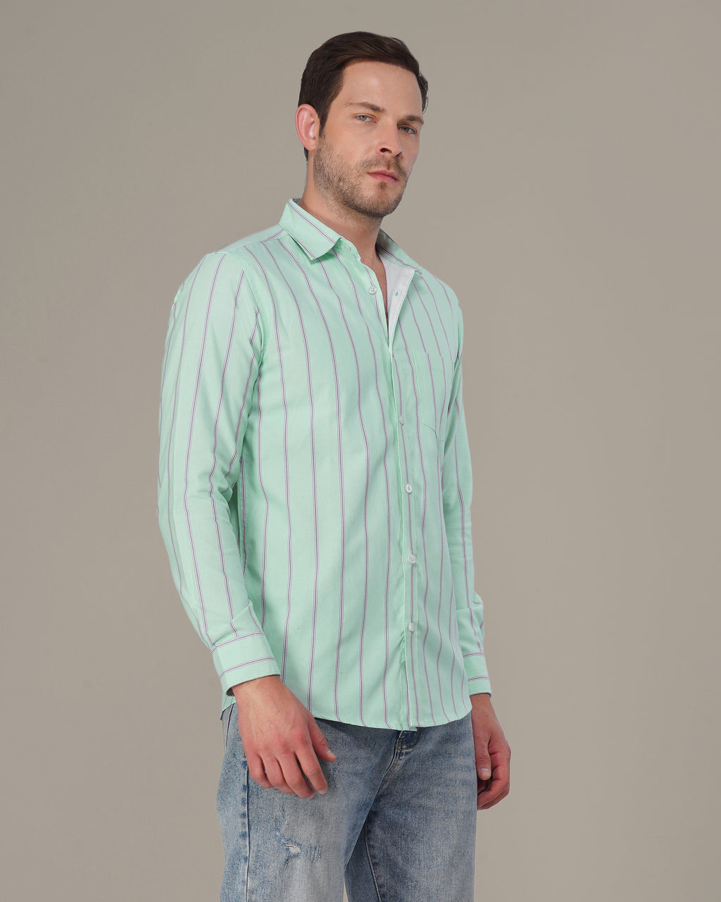 Mint Green Striped Cotton-Poly Blend Button-Up Shirt