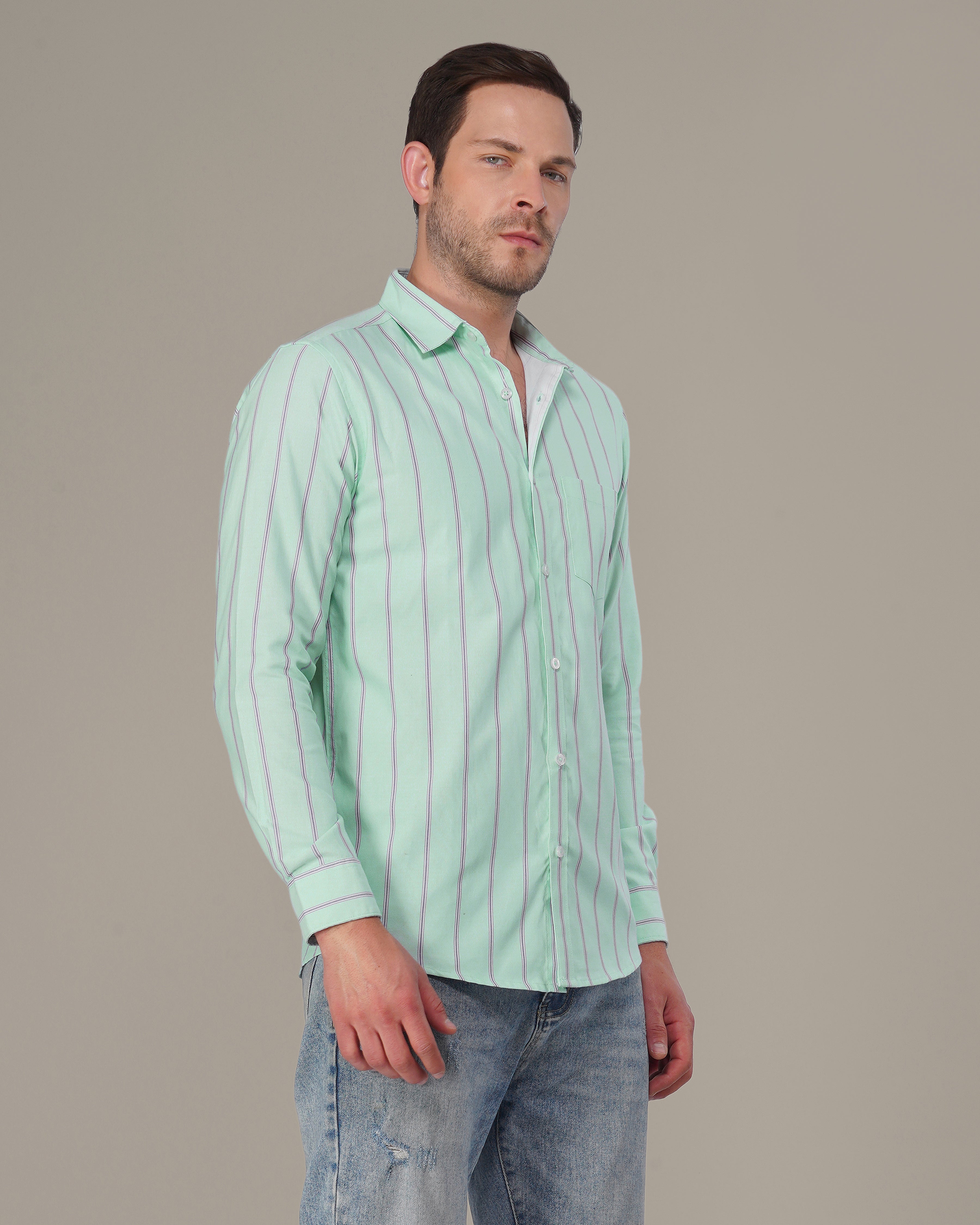 Mint Green Striped Cotton-Poly Blend Button-Up Shirt