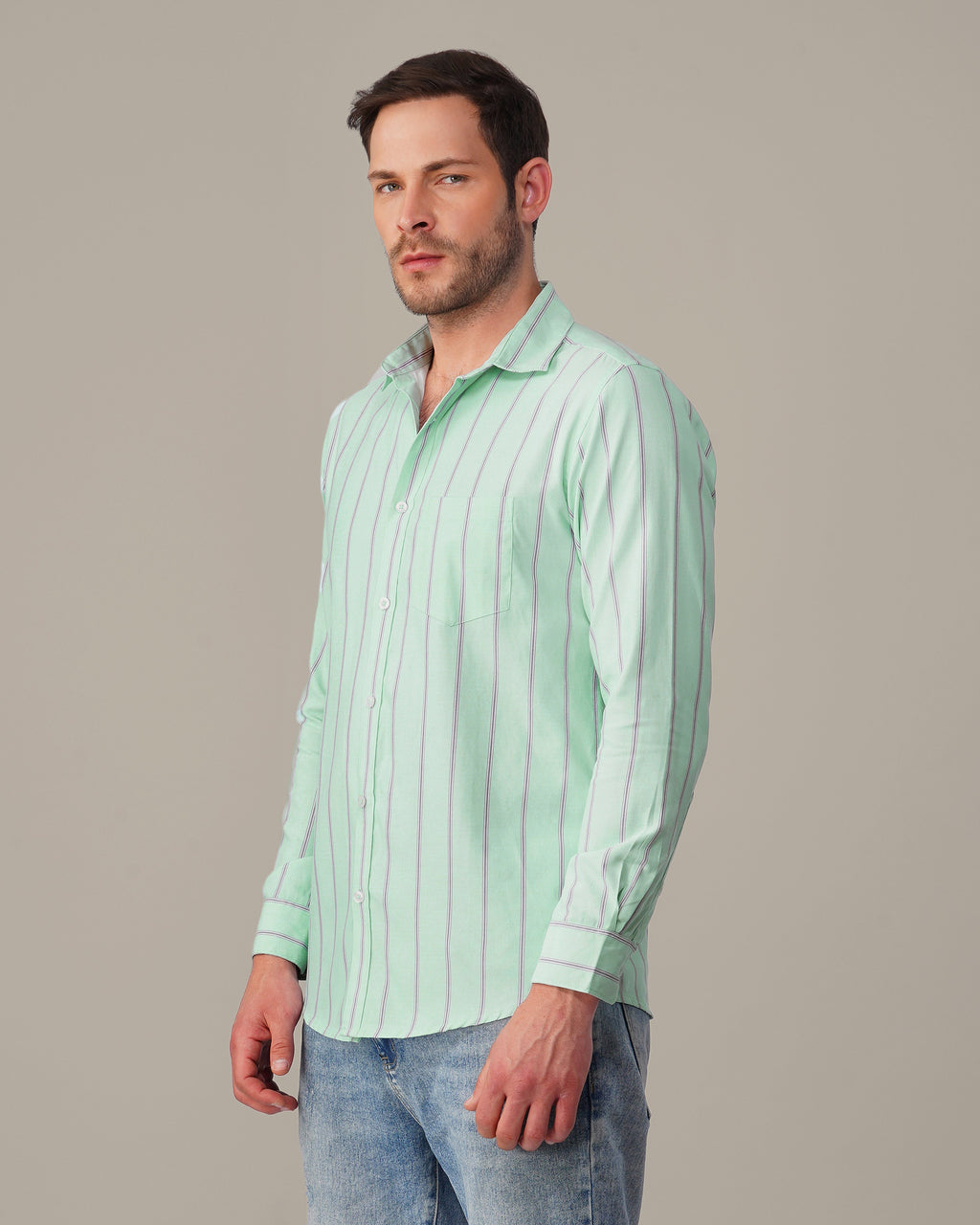 Mint Green Striped Cotton-Poly Blend Button-Up Shirt