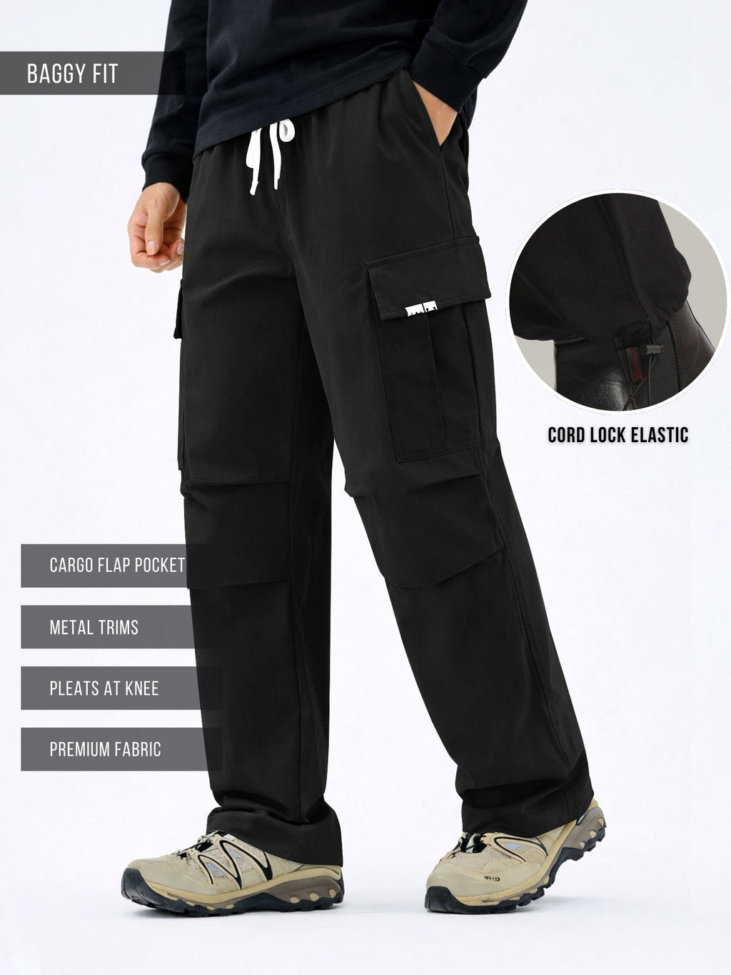 Twin Fold Pocket Black Baggy Fit Cargo