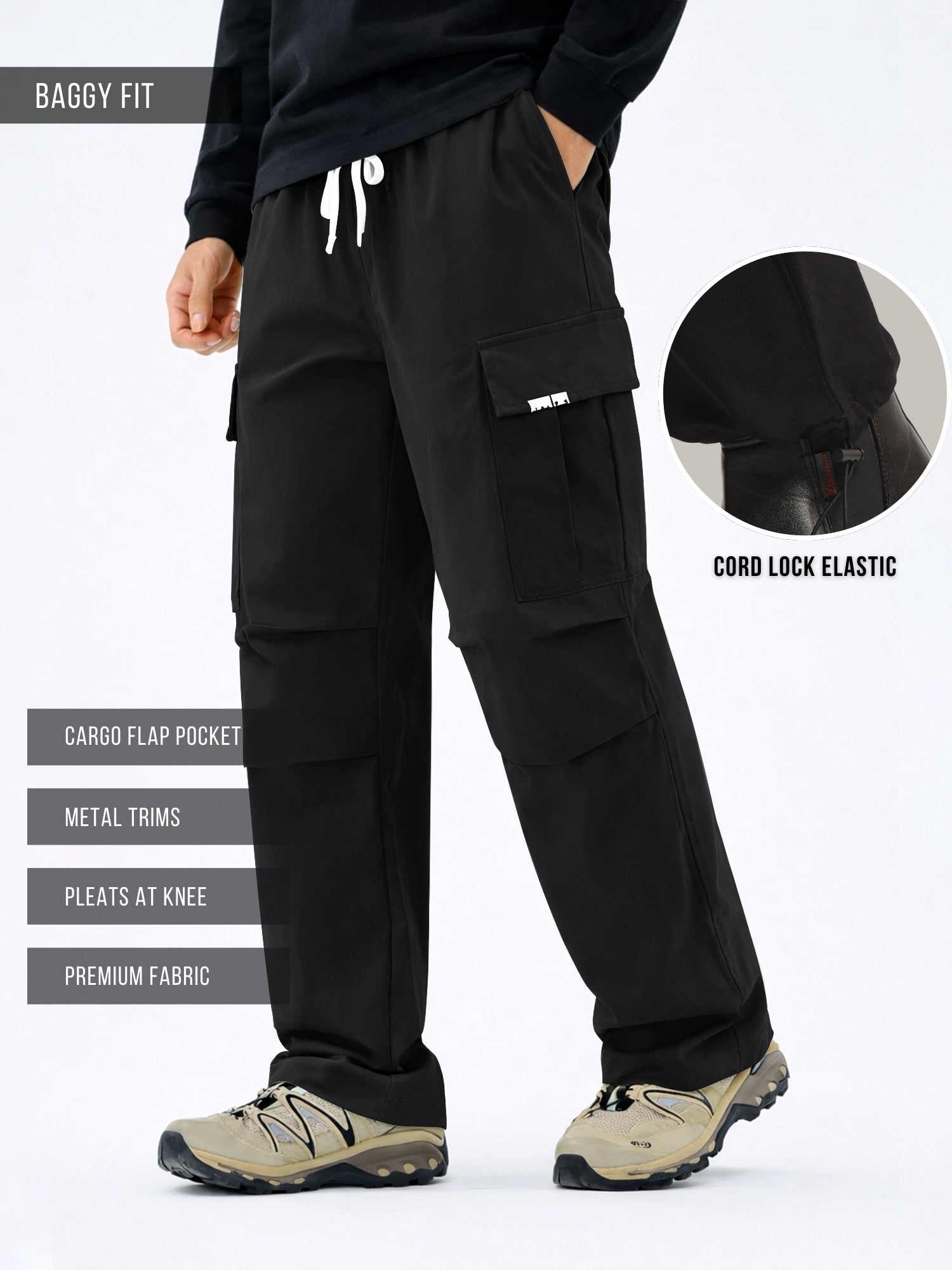Twin Fold Pocket Black Baggy Fit Cargo
