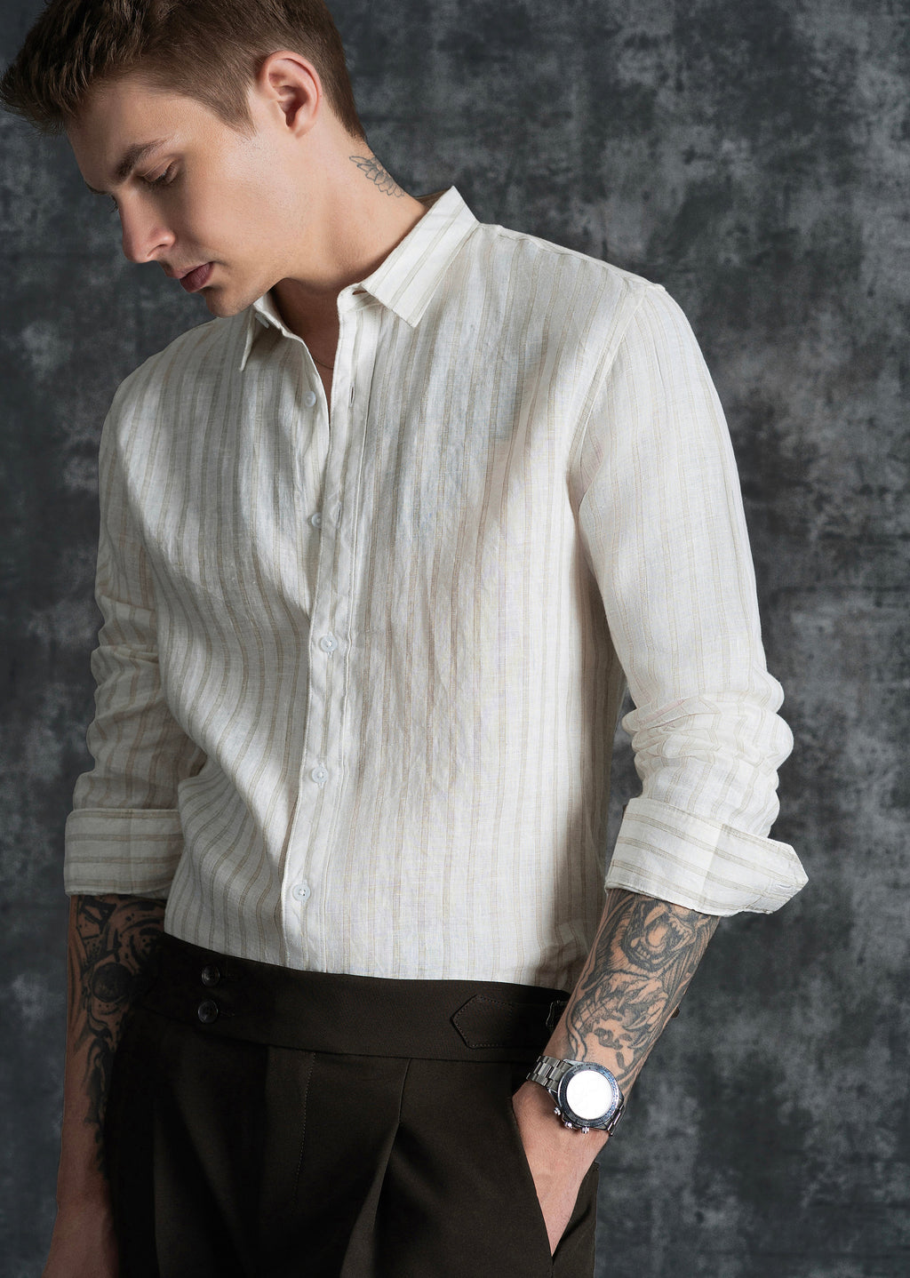 100% Linen Off-White Classic Stripe Shirt