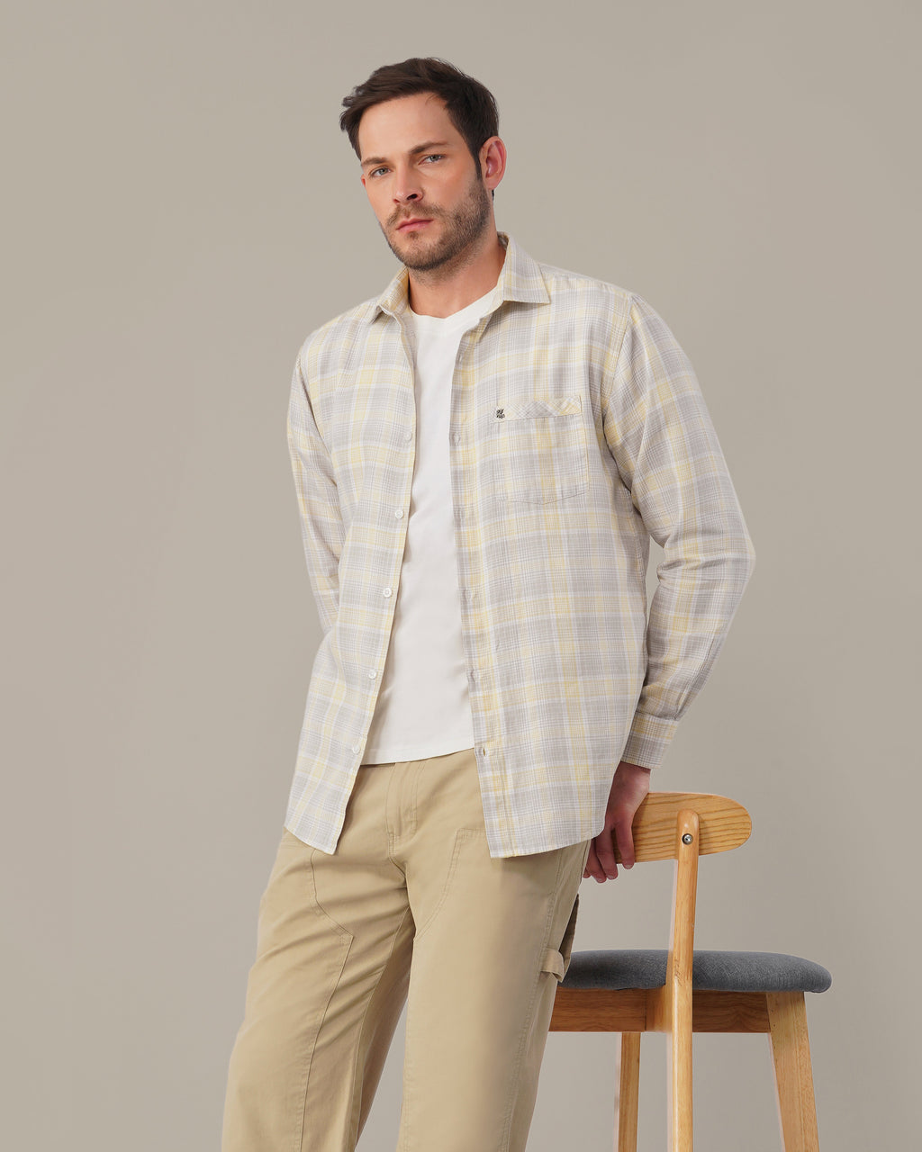 Light Gray and Yellow Checkered 100% Cotton Slub Weave Shirt