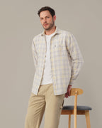 Light Gray and Yellow Checkered 100% Cotton Slub Weave Shirt