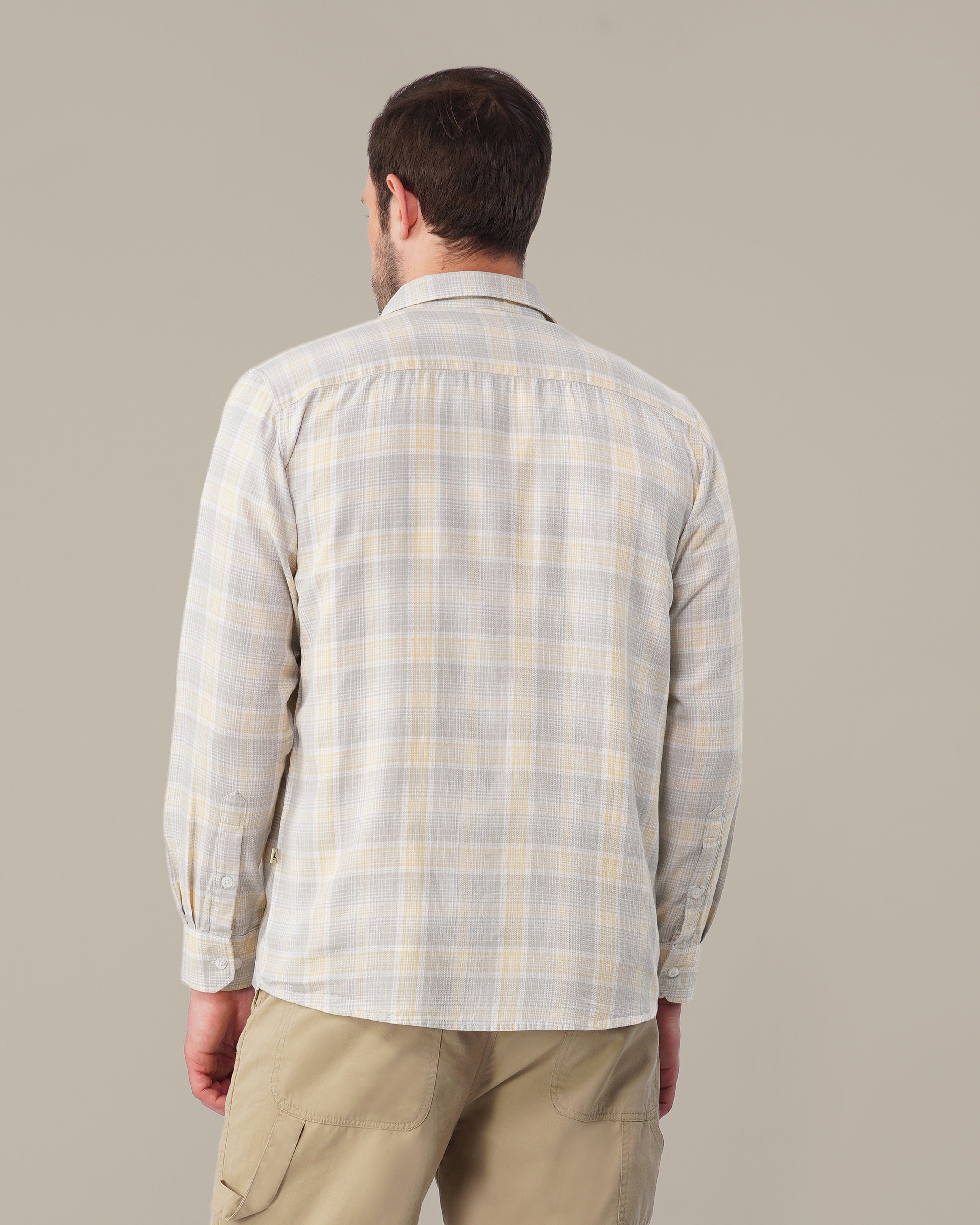 Light Gray and Yellow Checkered 100% Cotton Slub Weave Shirt