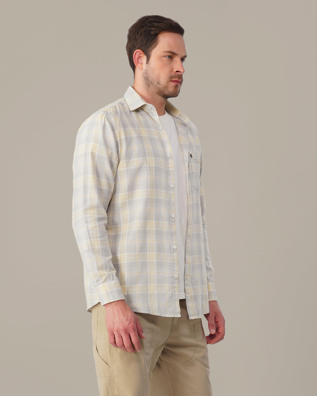 Light Gray and Yellow Checkered 100% Cotton Slub Weave Shirt