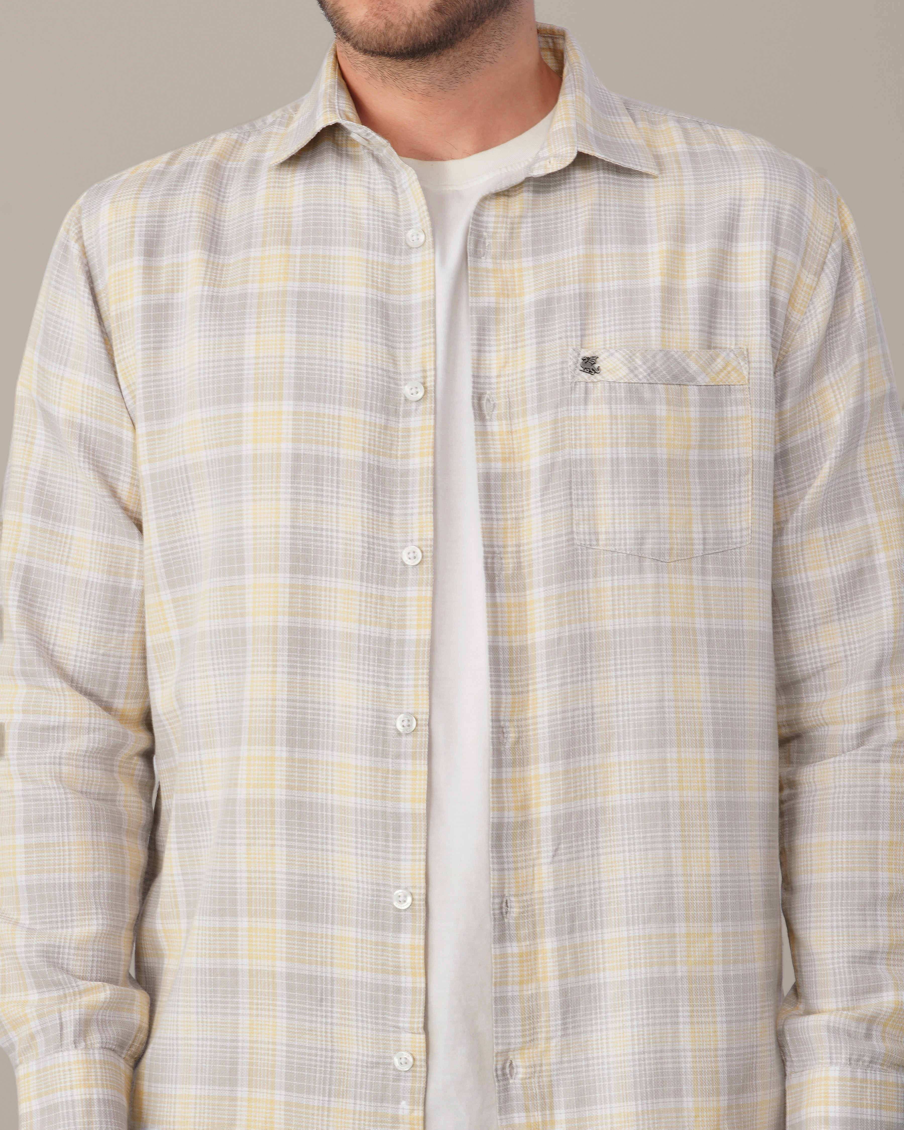 Light Gray and Yellow Checkered 100% Cotton Slub Weave Shirt