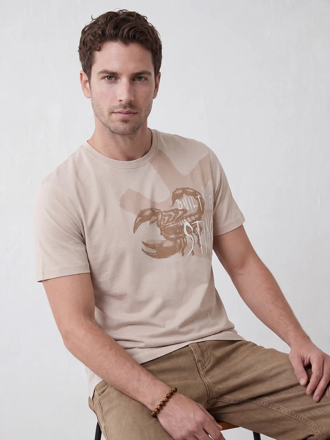 Slim Fit Placement Printed T-Shirt | Beige