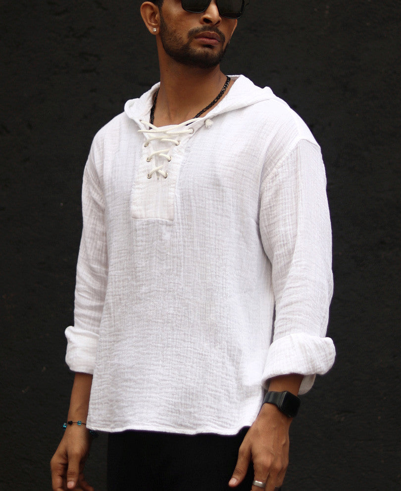 White Hoodie Oversize Drop Shoulder Shirt 100% Cotton