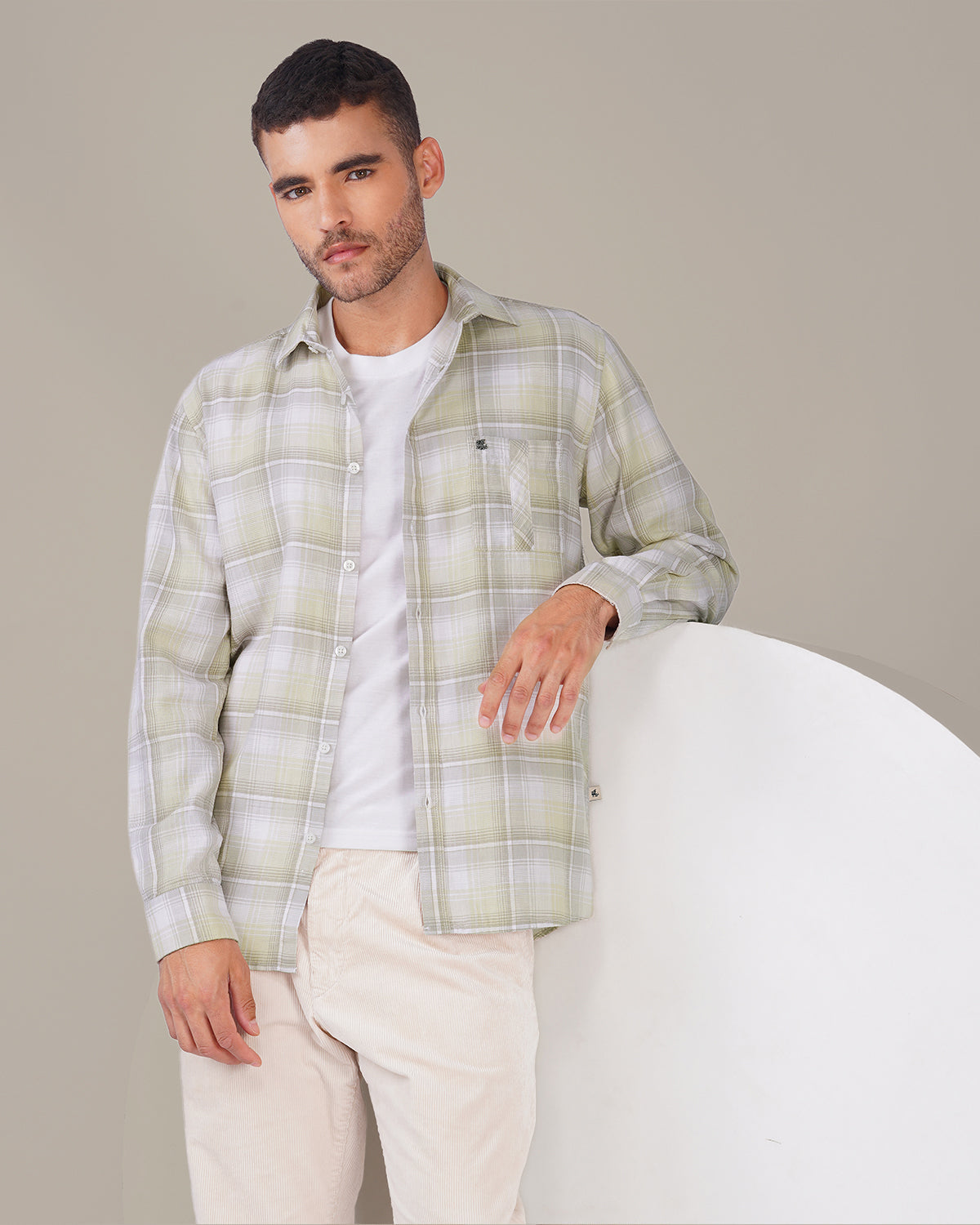 Beige Plaid 100% Cotton Dobby Weave Shirt