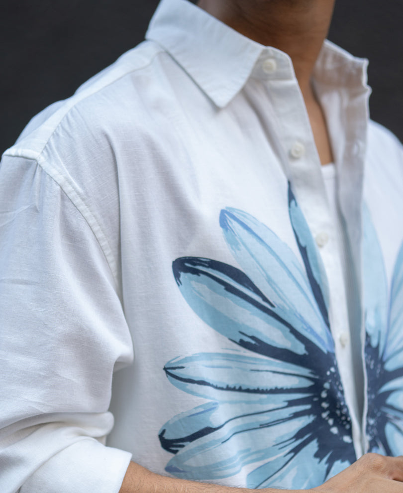 White Printed Boxy Lightweight Shirt 100% Cotton