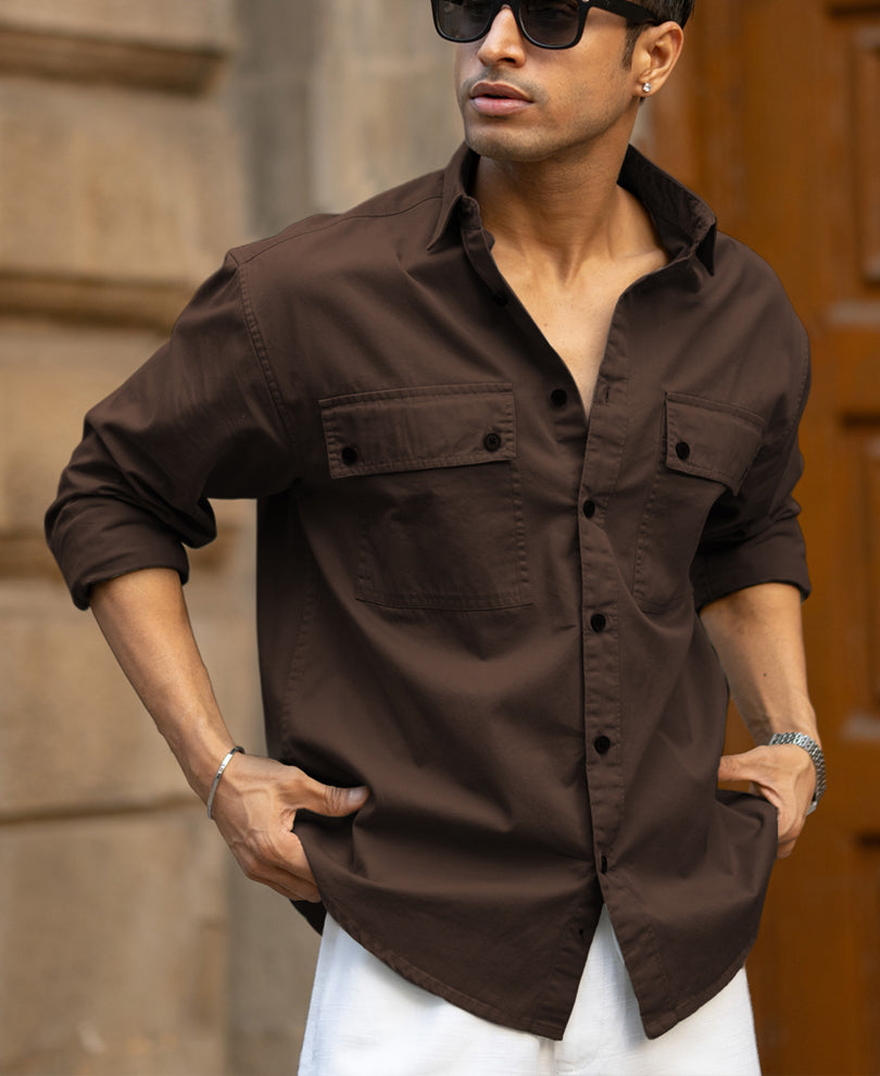 Dark Brown Double Pockets Lightweight Shirt 100% Cotton